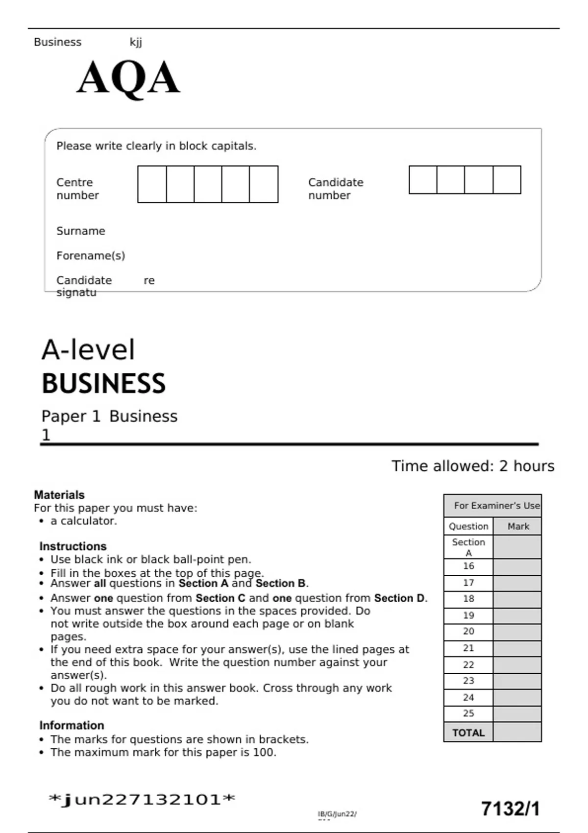 AQA A level business paper 1 June 2022 question paper and mark scheme