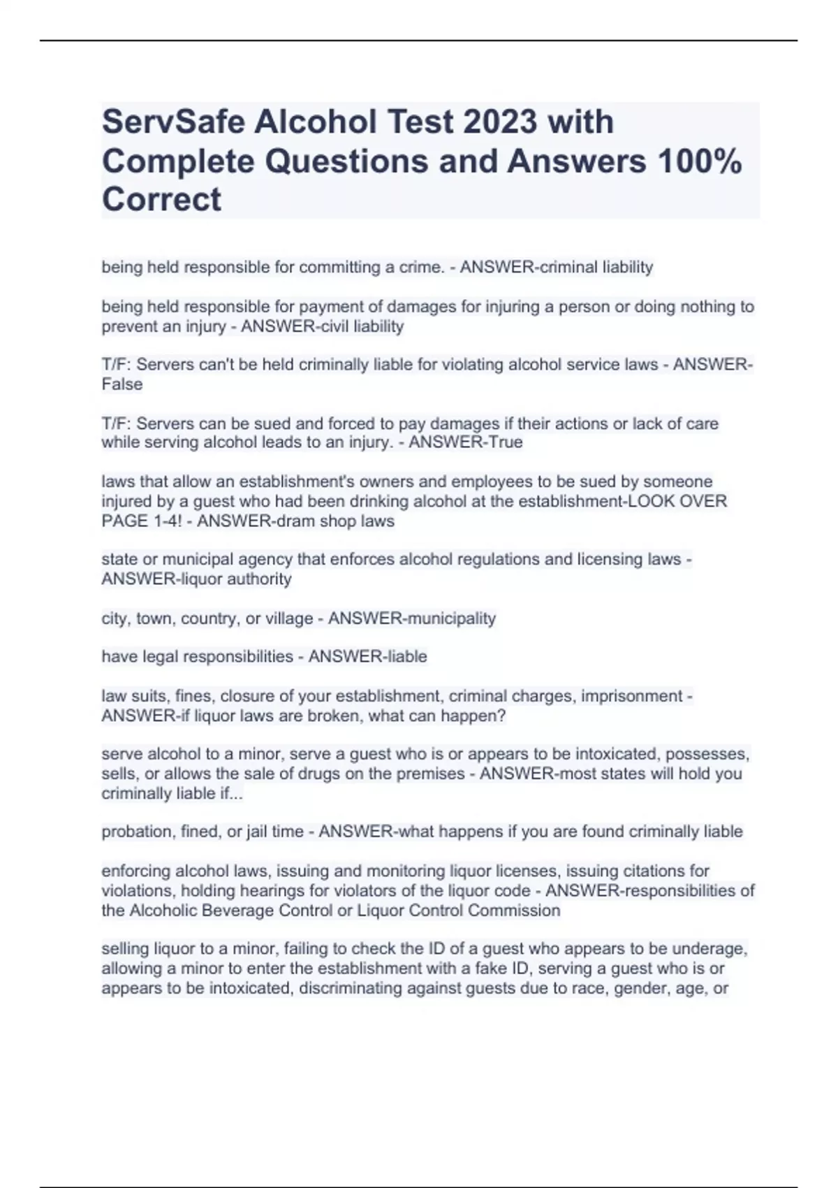 ServSafe Alcohol Test 2023 with Complete Questions and Answers 100