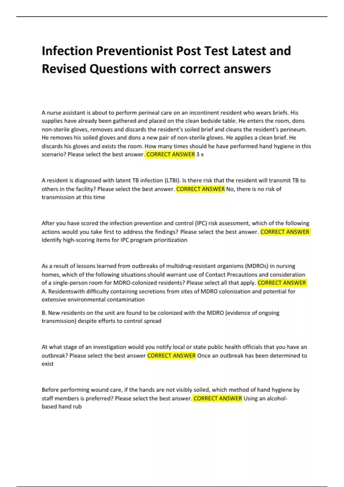 Infection Preventionist Post Test Latest and Revised Questions with