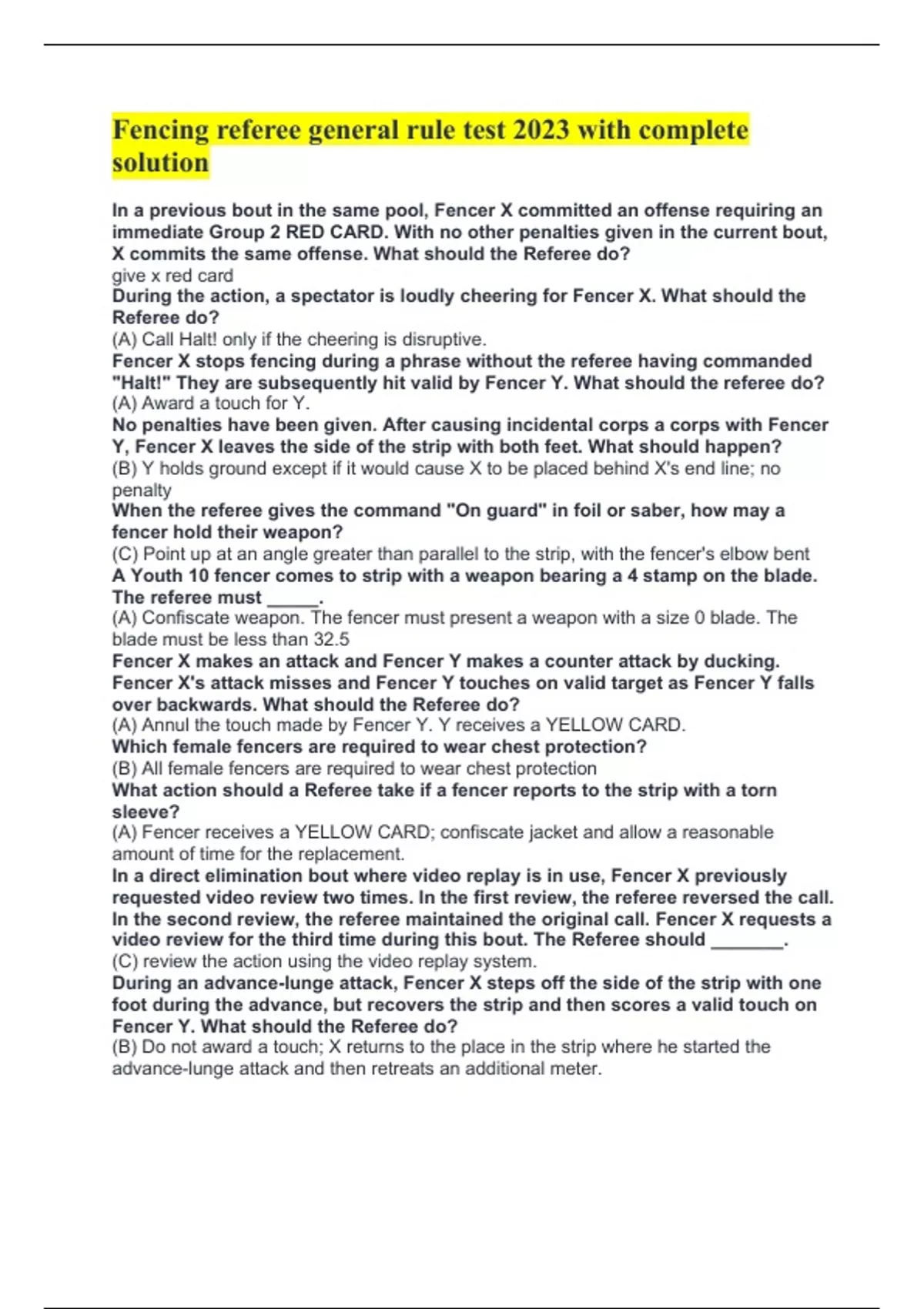 Fencing referee general rule test 2023 with complete solution Fencing