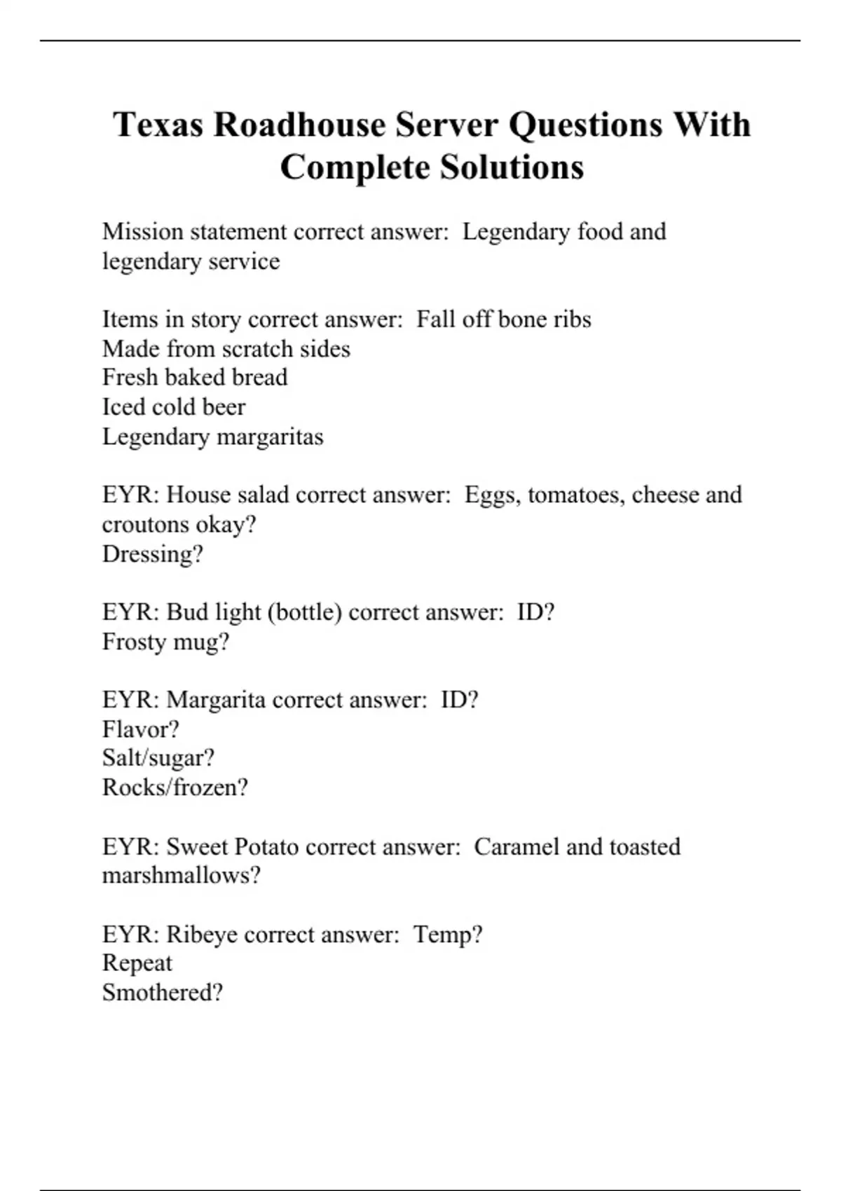 Texas Roadhouse Server Questions With Complete Solutions Texas