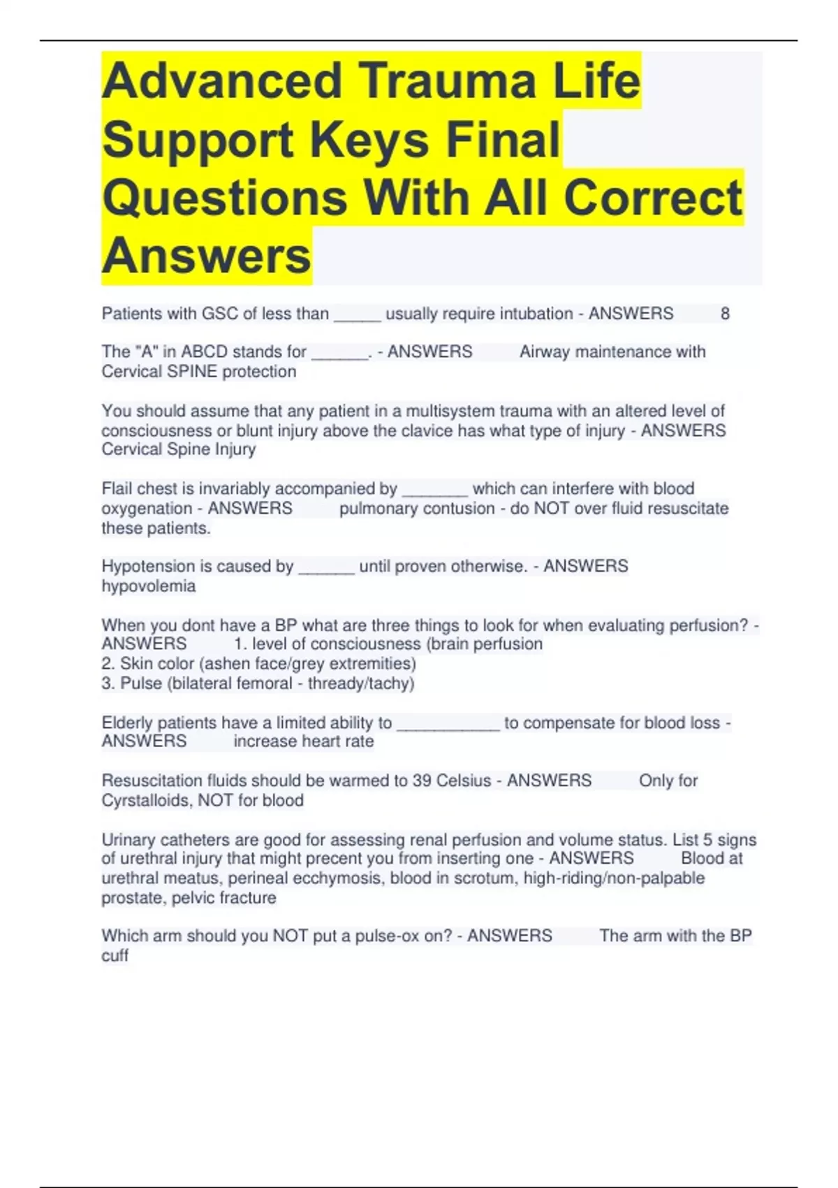 Advanced Trauma Life Support Keys Final Questions With All Correct ...