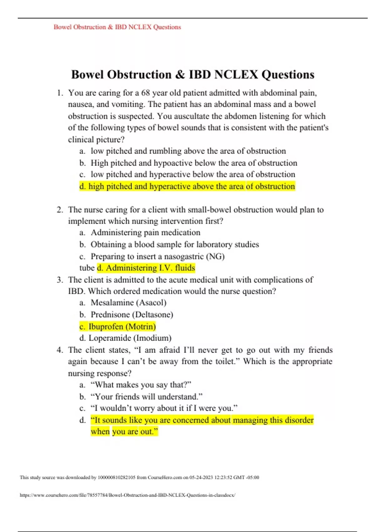 Bowel Obstruction & IBD NCLEX Questions IBD NCLEX Stuvia US