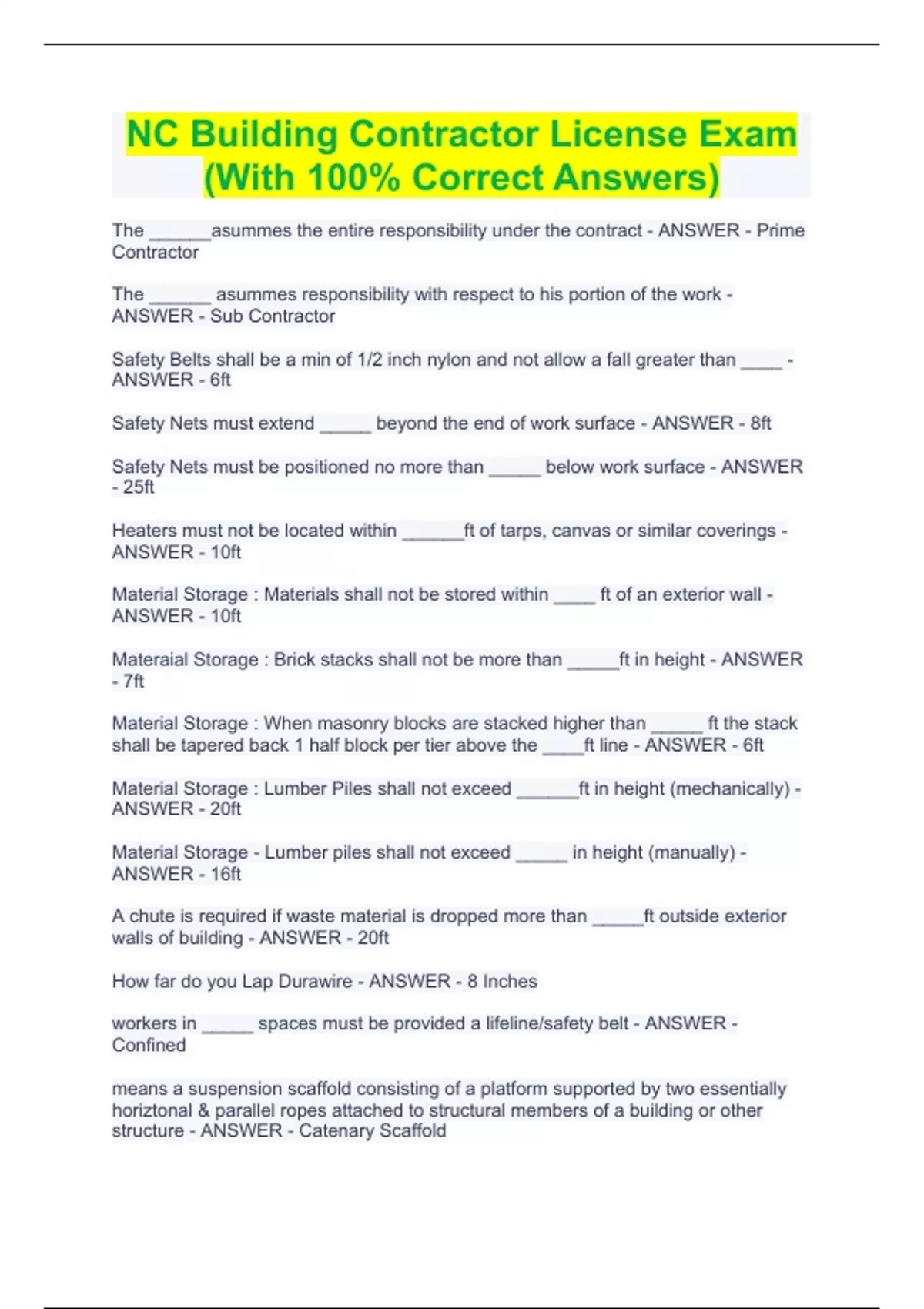NC Building Contractor License Exam (With 100% Correct Answers ...