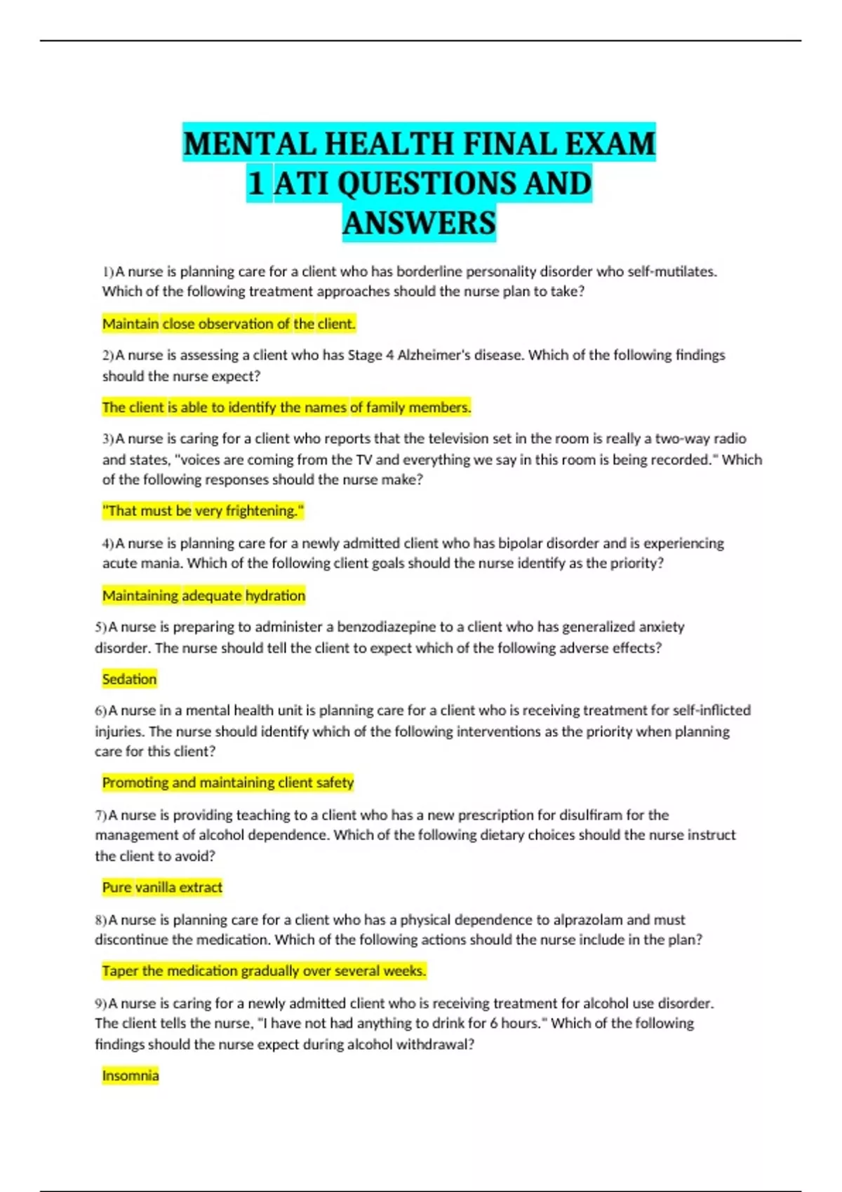 ATI MENTAL HEALTH FINAL EXAM QUESTIONS AND ANSWERS (100% Correct ...