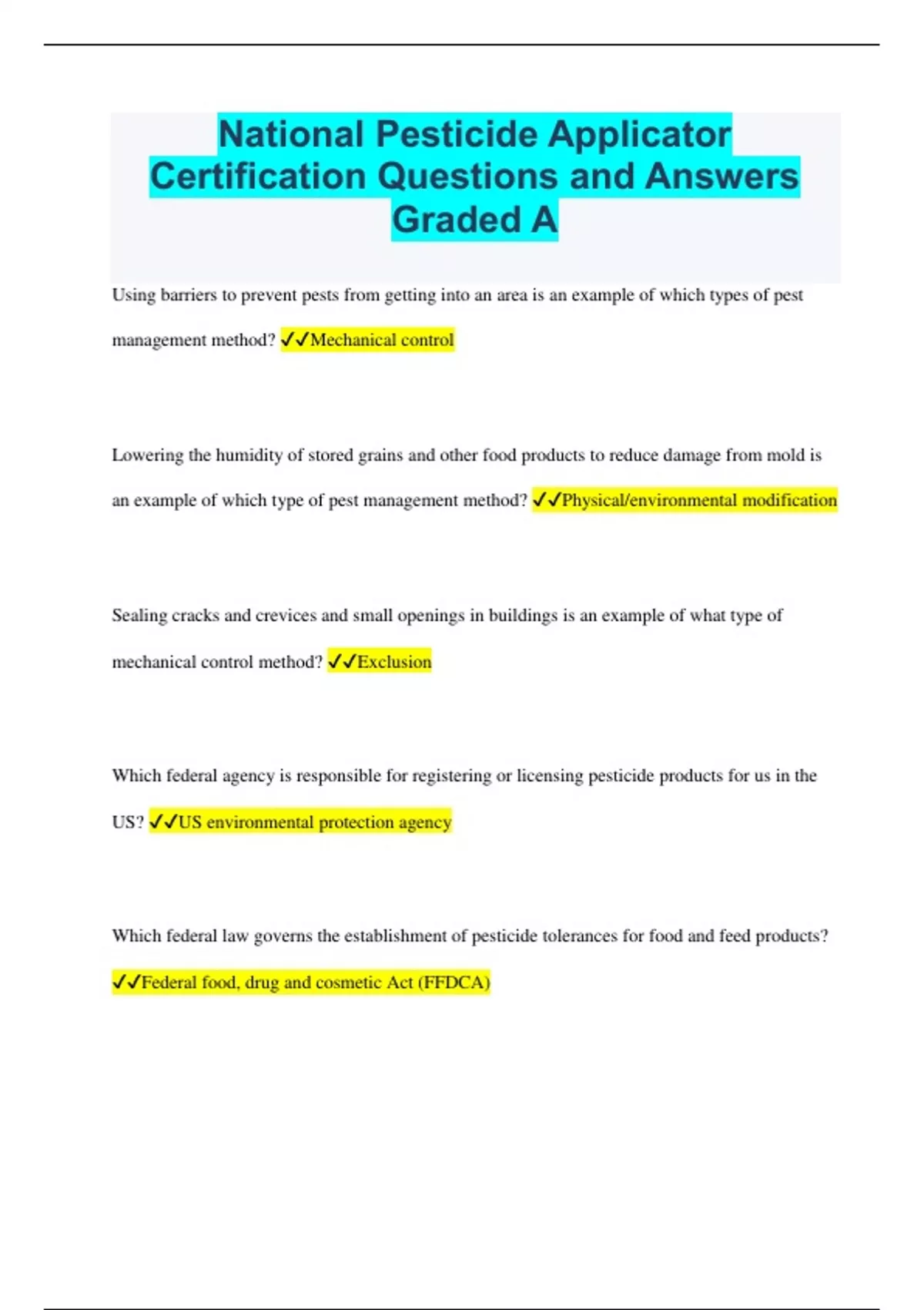 National Pesticide Applicator Certification Questions and Answers