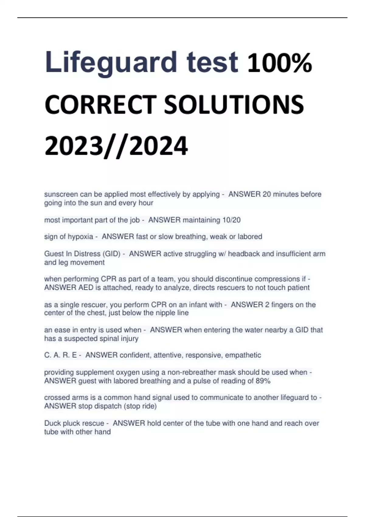 Lifeguard test 100 CORRECT SOLUTIONS 2023//2024 Lifeguard Stuvia NL