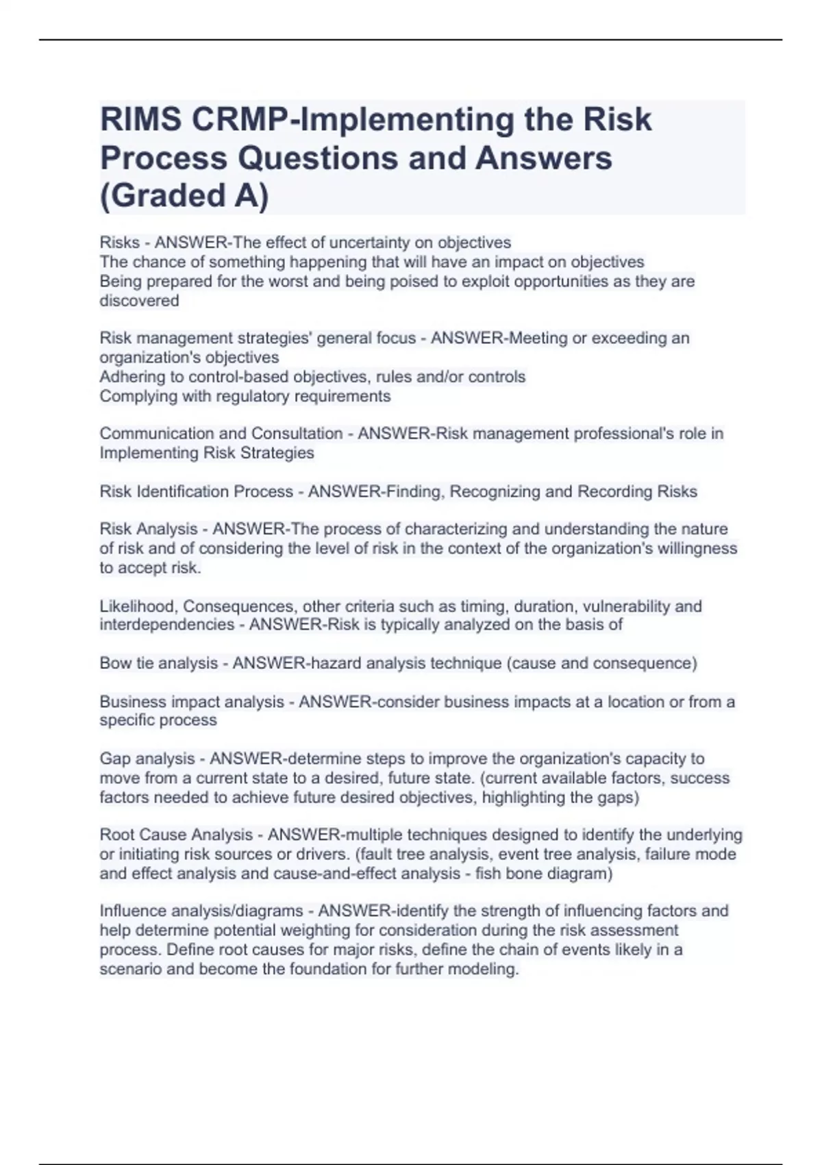 RIMS CRMPImplementing the Risk Process Questions and Answers (Graded A