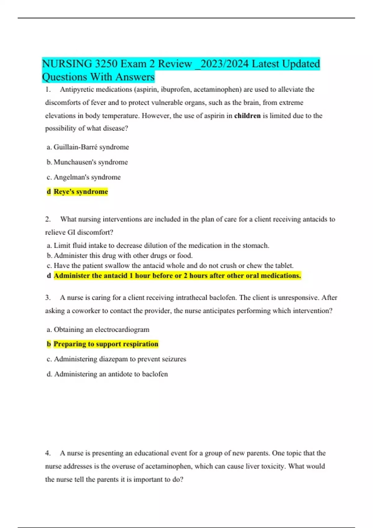 NURSING 3250 Exam 2 Review _2023/2024 Latest Updated Questions With ...