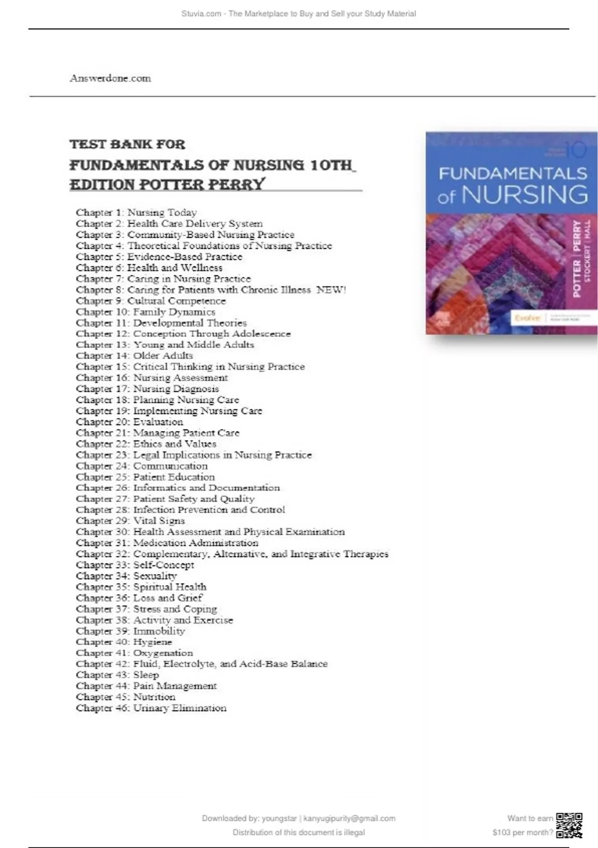 Test Bank for Fundamentals of Nursing 10th Edition Potter Perry Chapter