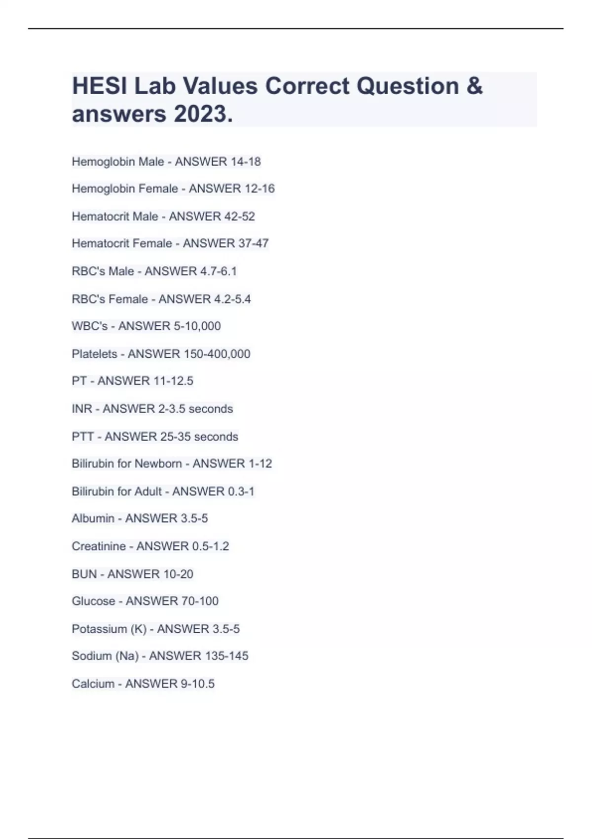HESI Lab Values Correct Question & answers 2023. NUR Stuvia US