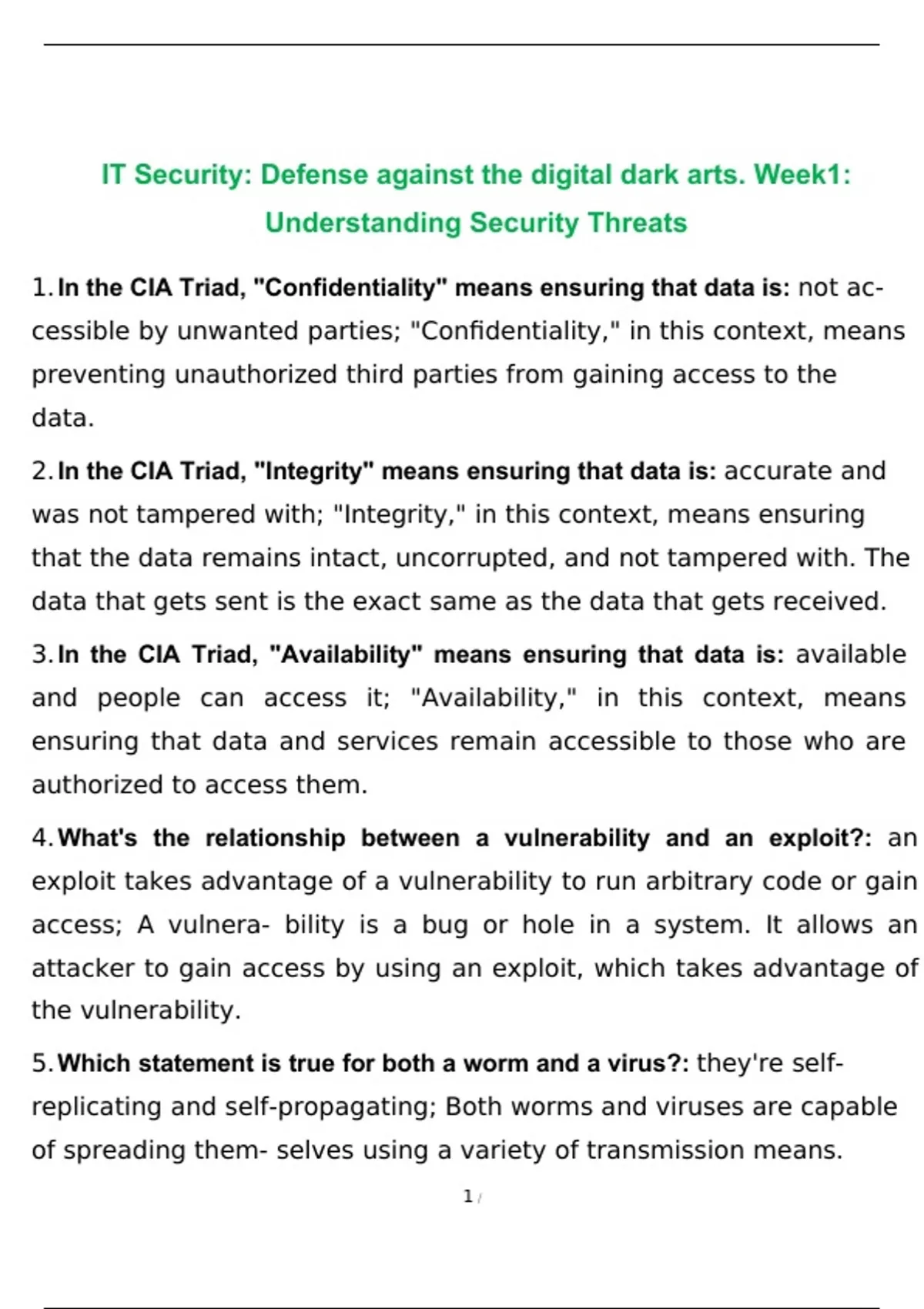 IT Security: Defense against the digital dark arts. Week1