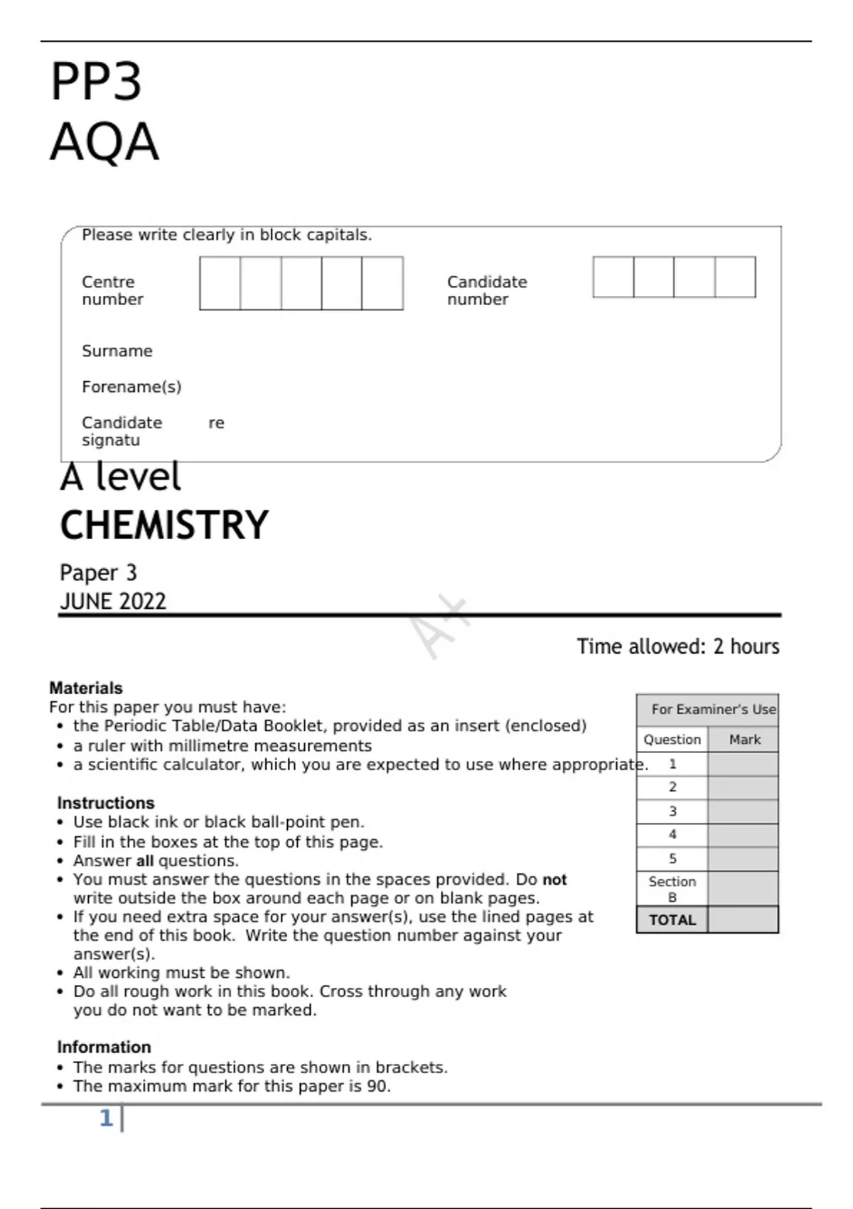AQA JUNE 2022 A LEVEL CHEMISTRY PAPER 3 FINAL QUESTION PAPER AND MARK