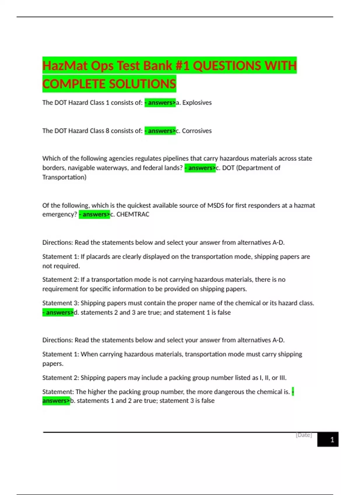 HazMat Ops Test Bank 1 QUESTIONS WITH COMPLETE SOLUTIONS HazMat Ops