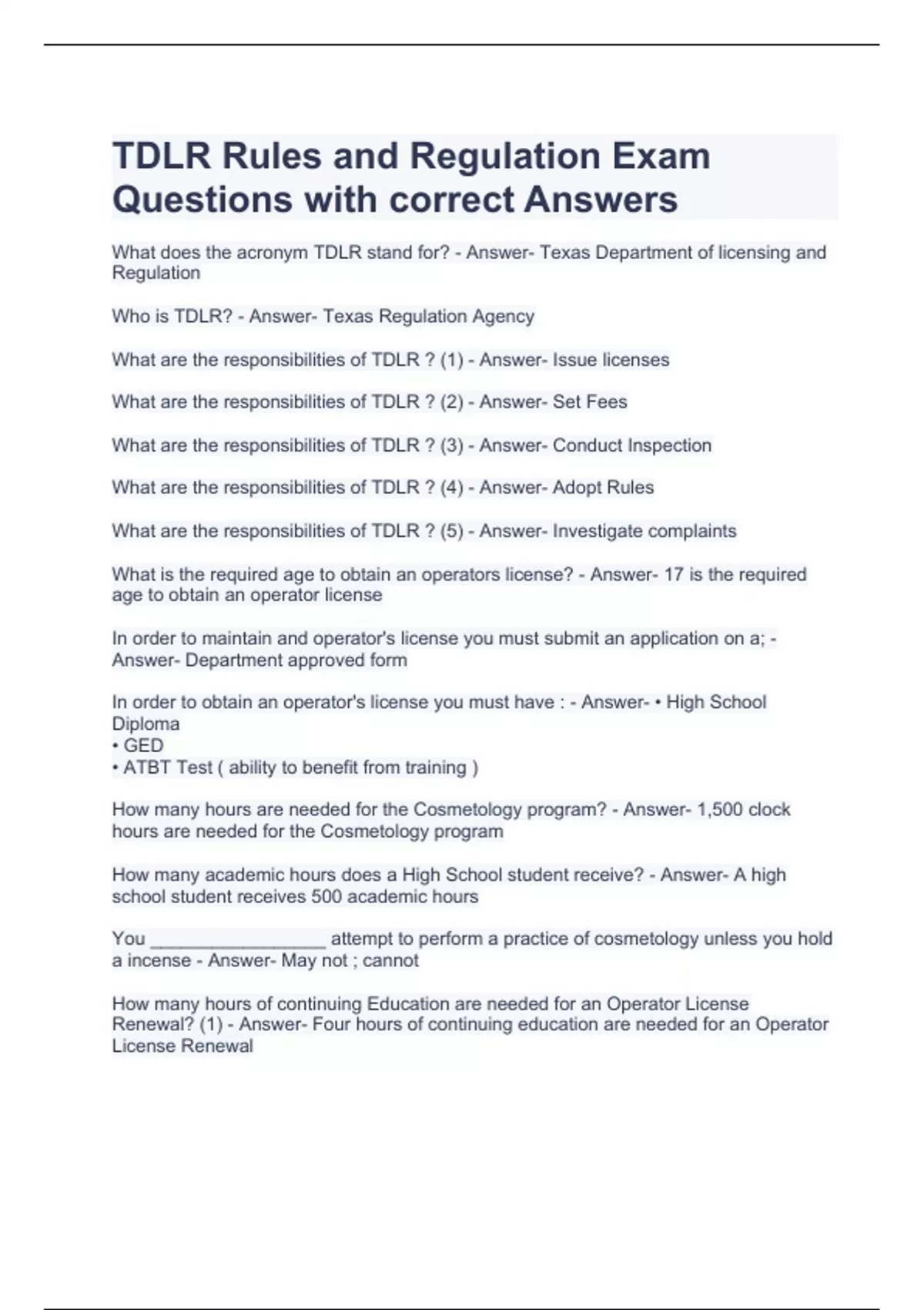 TDLR Rules and Regulation Exam Questions with correct Answers TDLR