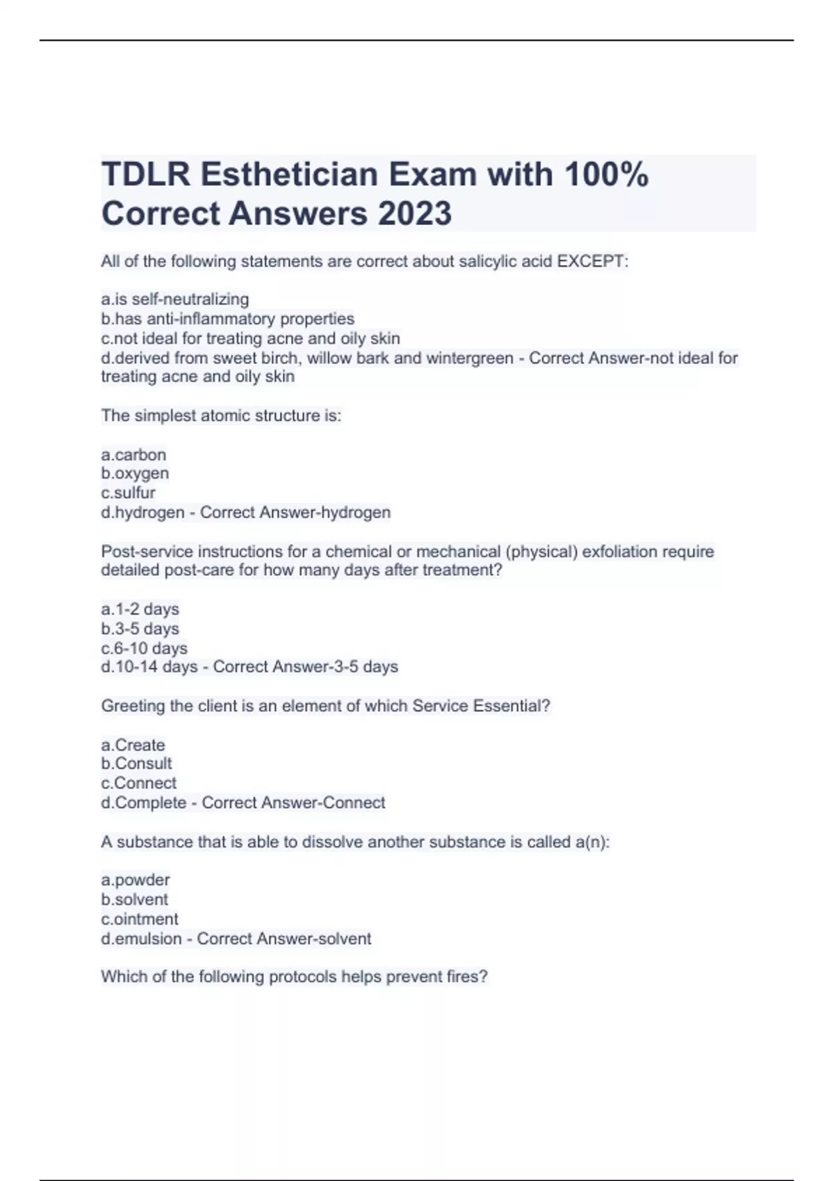 TDLR Esthetician Exam with 100% Correct Answers 2023 - TDLR Esthetician - Stuvia US