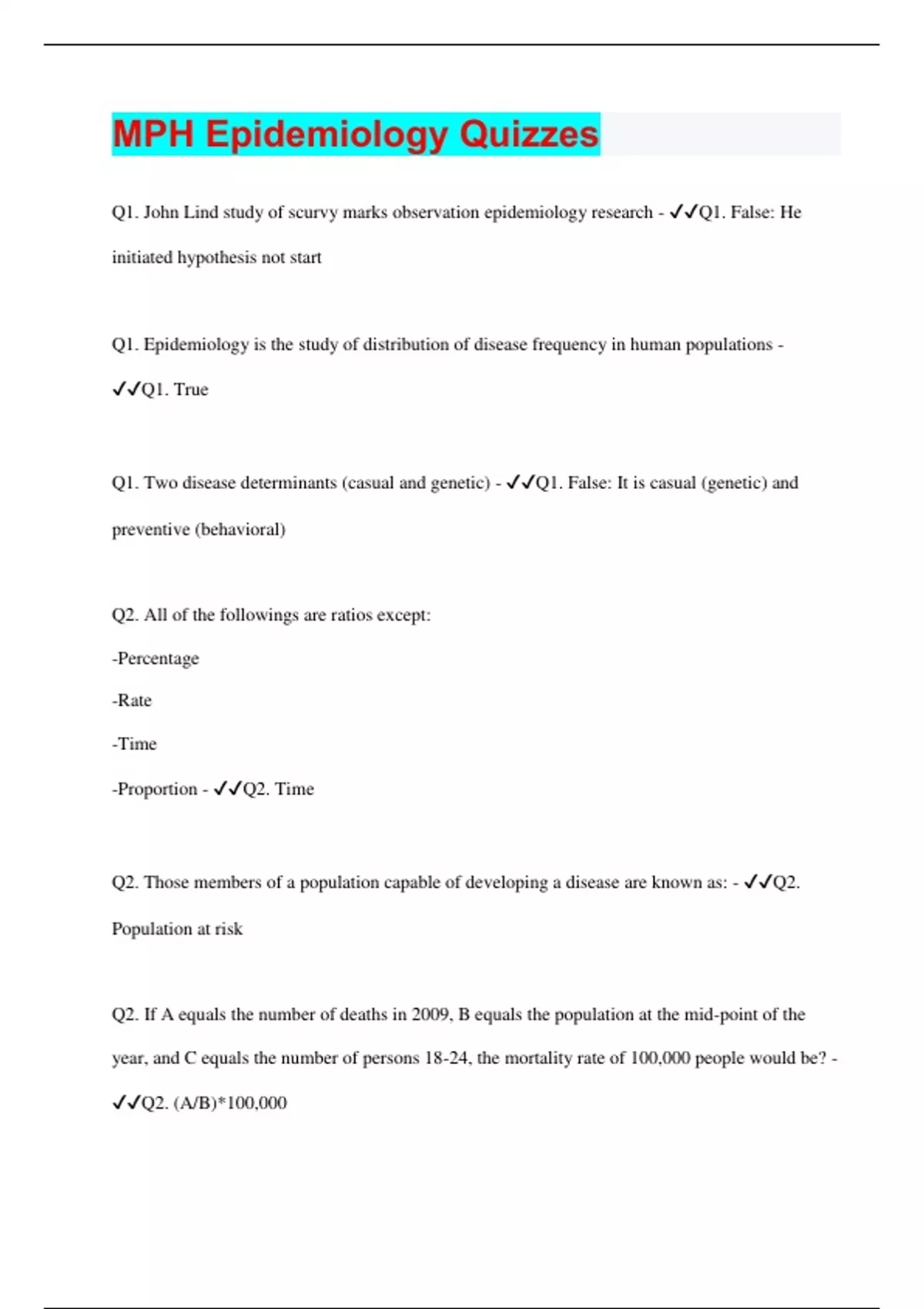 MPH Epidemiology Quizzes Questions with 100 Correct Answers