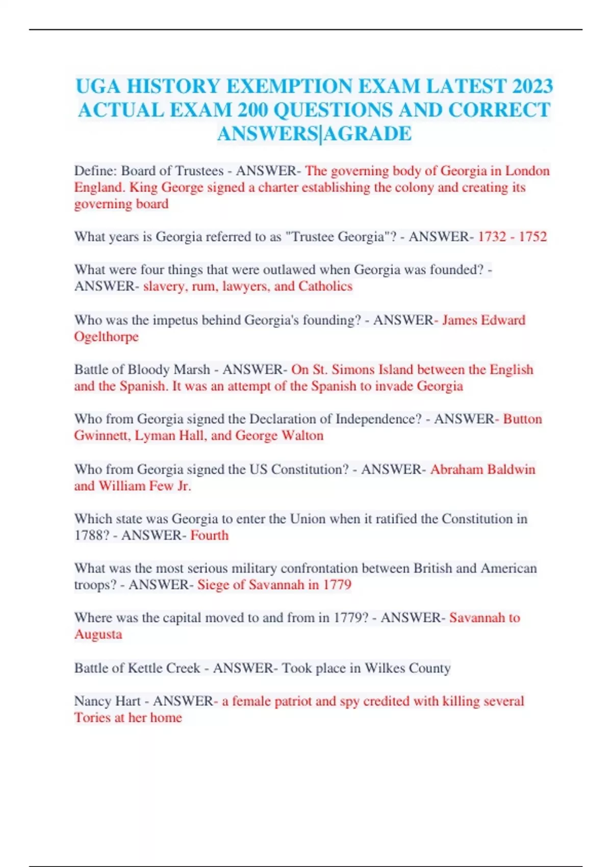 UGA HISTORY EXEMPTION EXAM LATEST 2023 ACTUAL EXAM 200 QUESTIONS AND