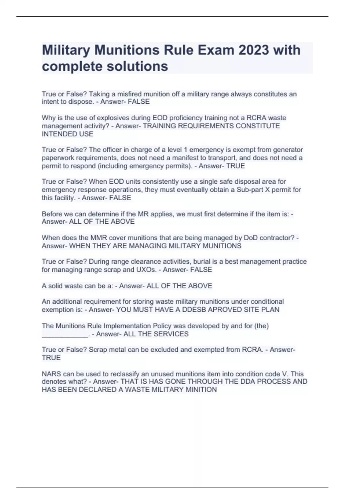 Military Munitions Rule Exam 2023 with complete solutions Military