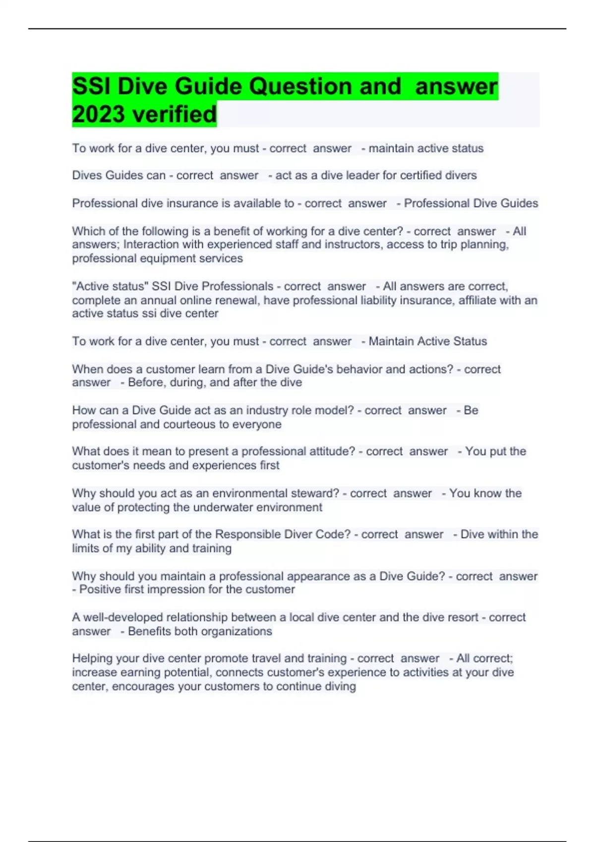 SSI Dive Guide Question and answer 2023 verified SSI Dive Stuvia US