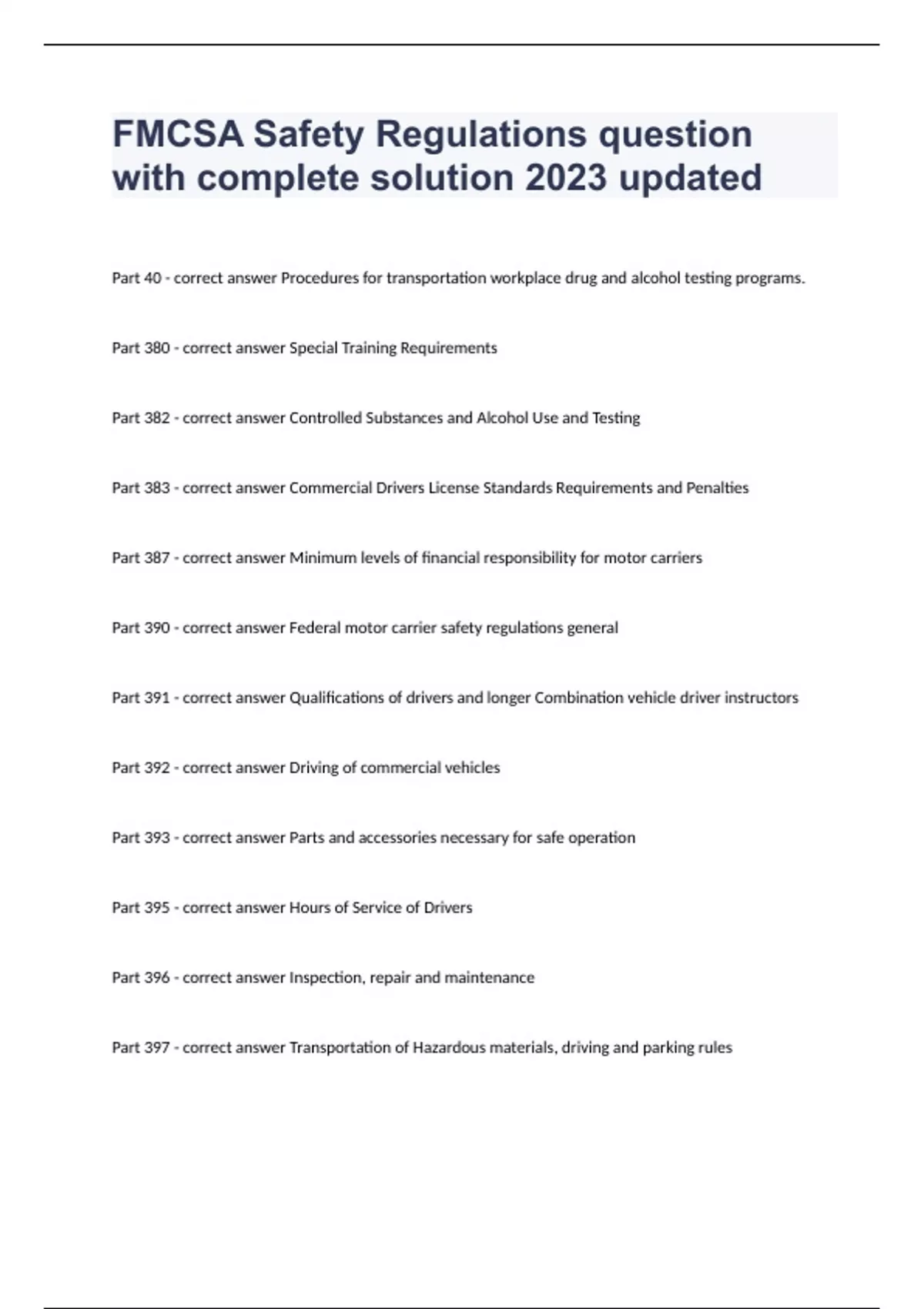 FMCSA Safety Regulations question with complete solution 2023 updated