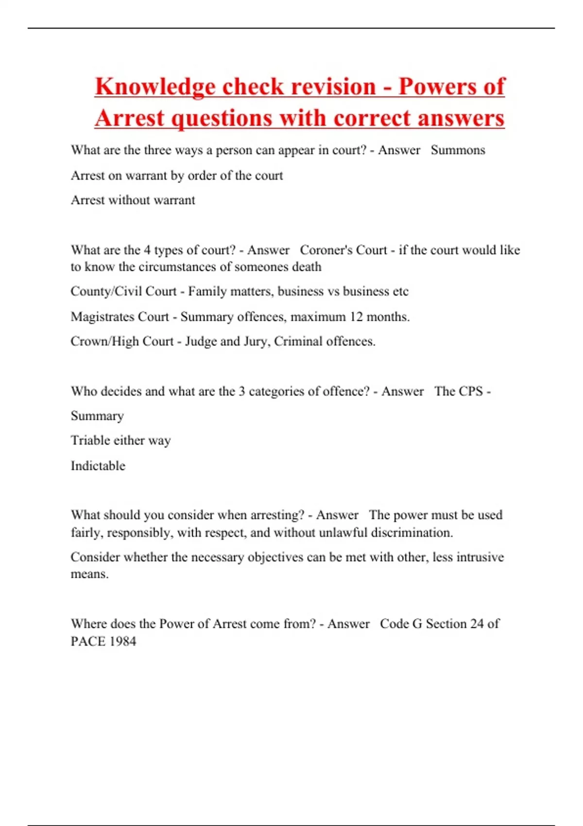 Knowledge check revision - Powers of Arrest questions with correct ...