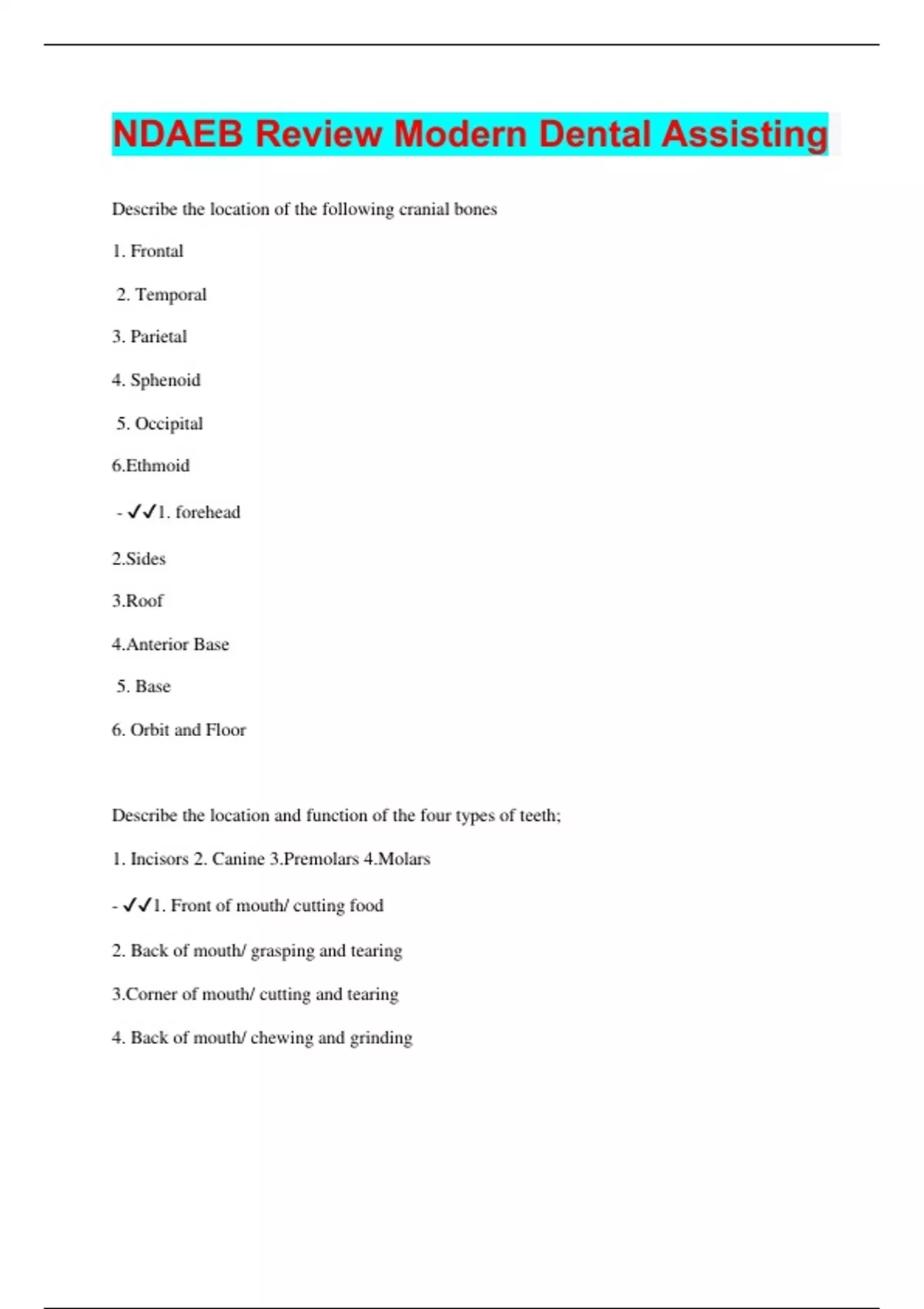 NDAEB Review Modern Dental Assisting Questions with 100 Correct