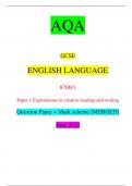 AQA GCSE ENGLISH LANGUAGE 8700/1 Paper 1 Explorations in creative reading and writing Question Paper + Mark scheme [MERGED] June 2022 *JUN228700101* IB/G/Jun22/E8 8700/1 For Examiner’s Use Question Mark 1