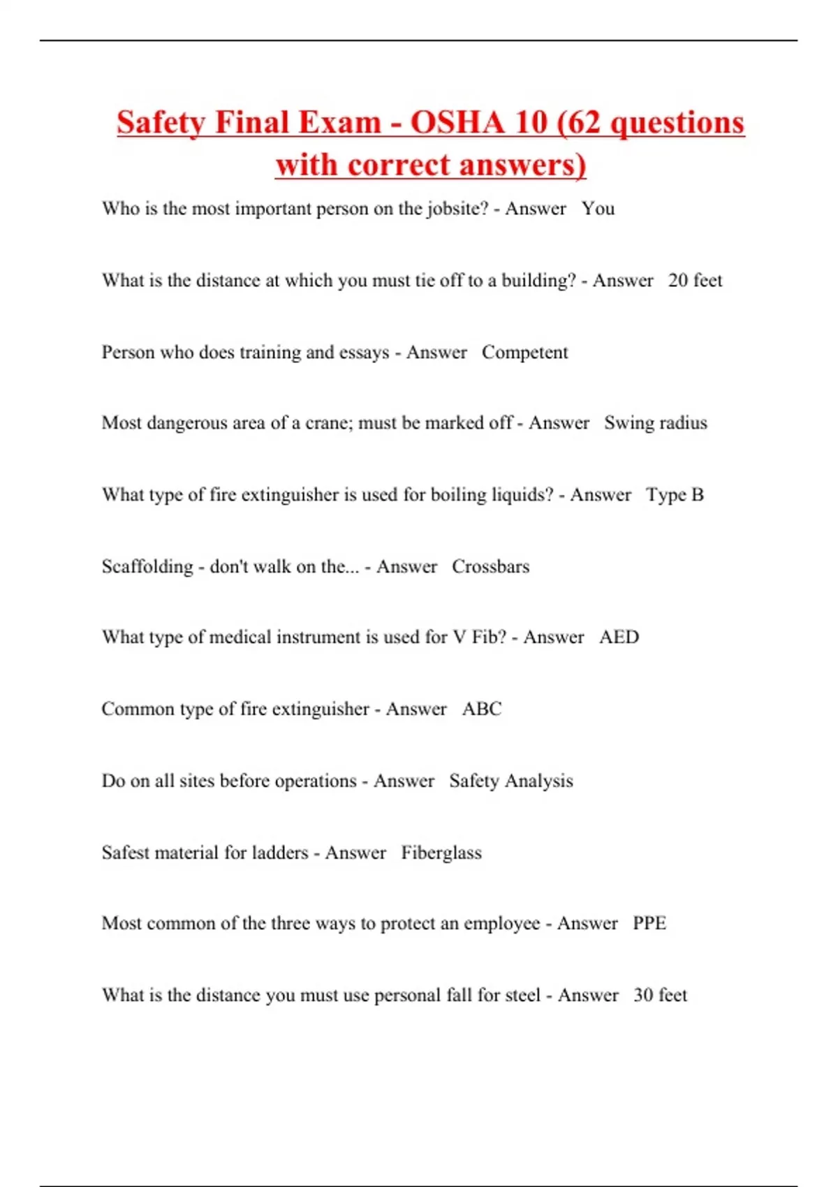 Safety Final Exam OSHA 10 (62 questions with correct answers) OSHA