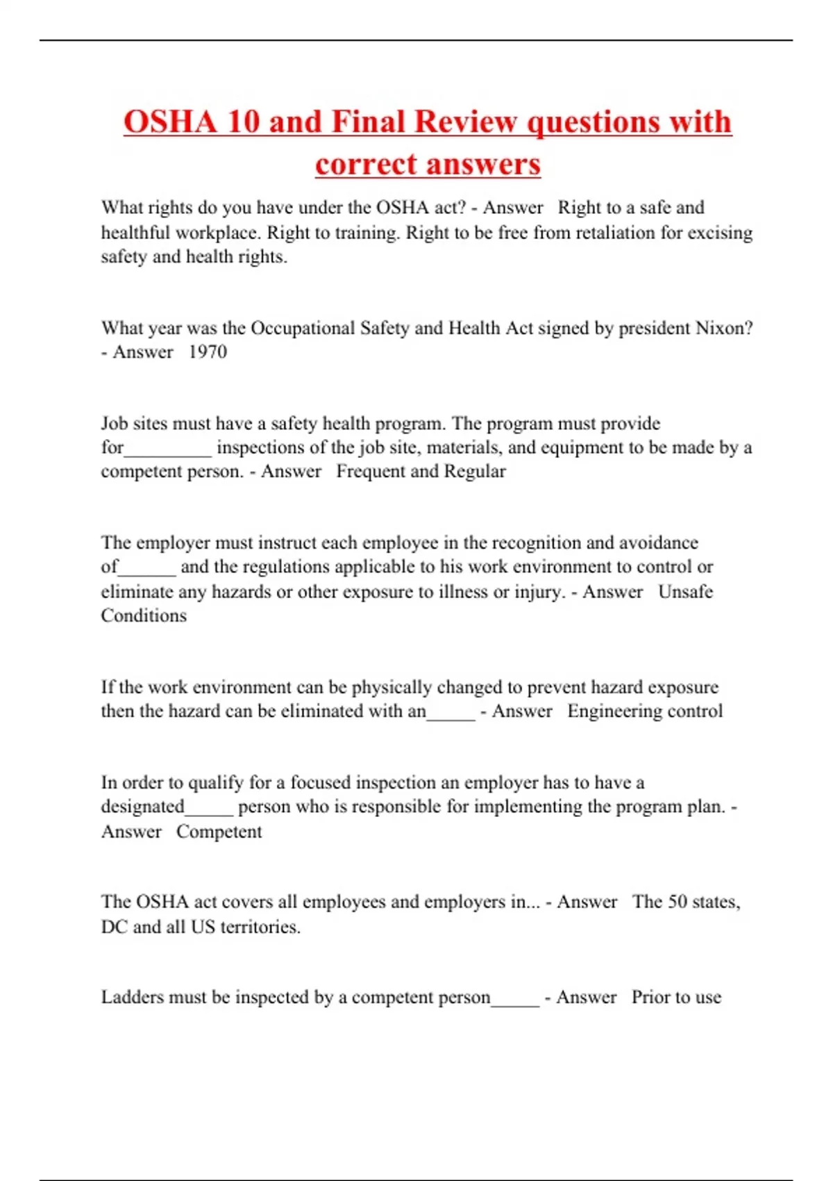 OSHA 10 and Final Review questions with correct answers OSHA 10