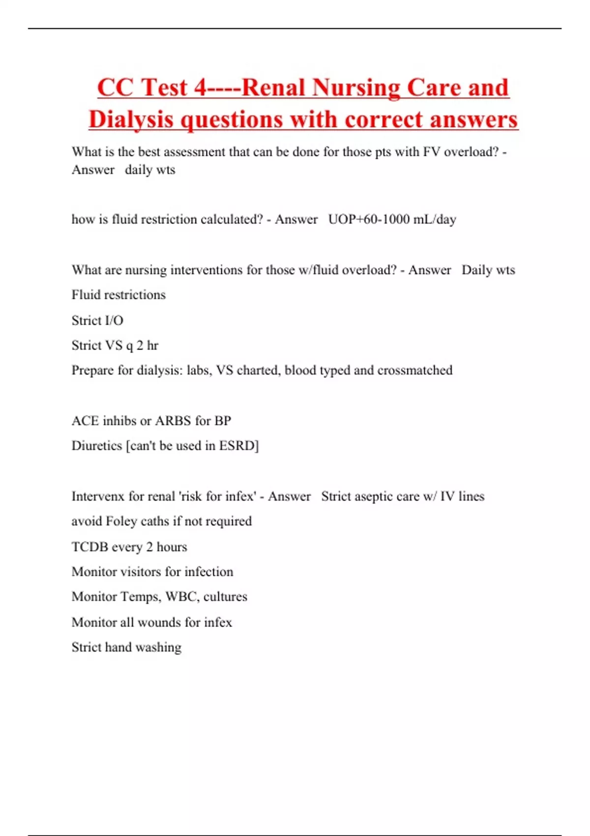CC Test 4Renal Nursing Care and Dialysis questions with correct