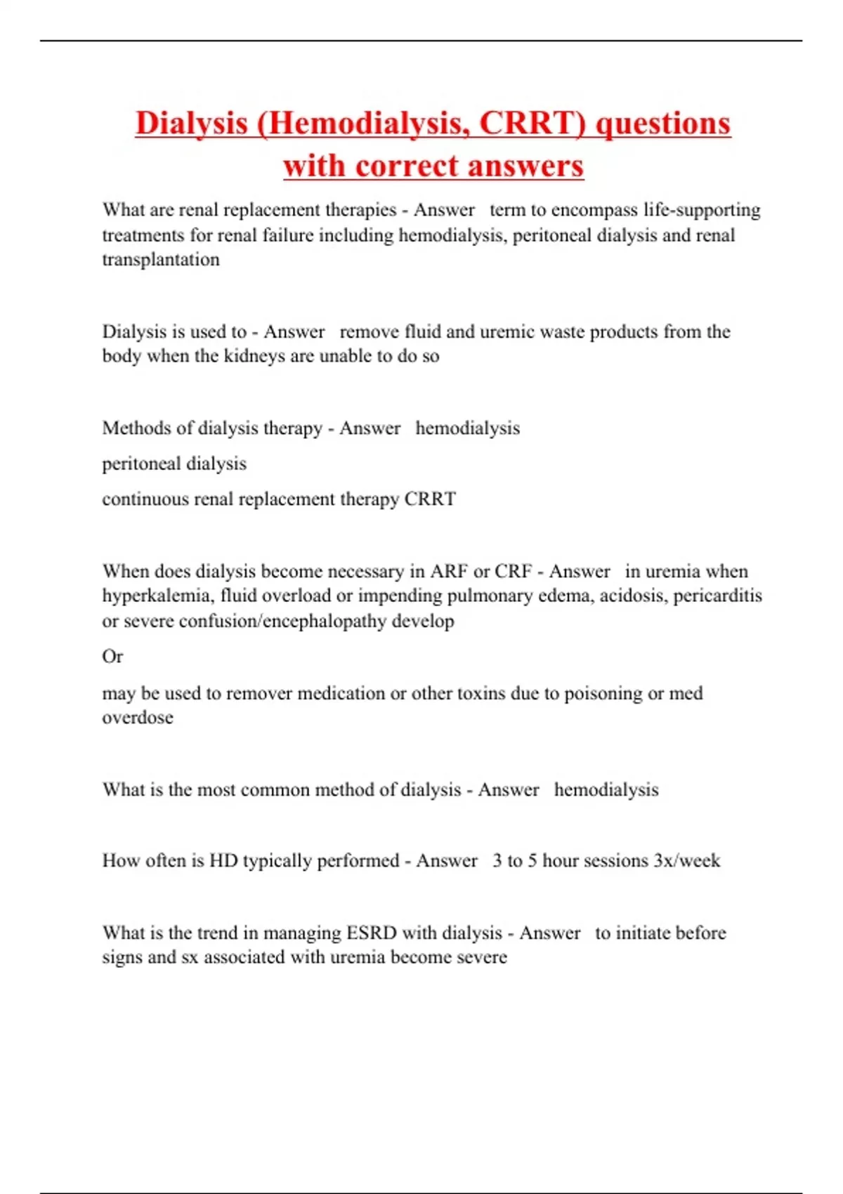 Dialysis (Hemodialysis, CRRT) questions with correct answers Dialysis