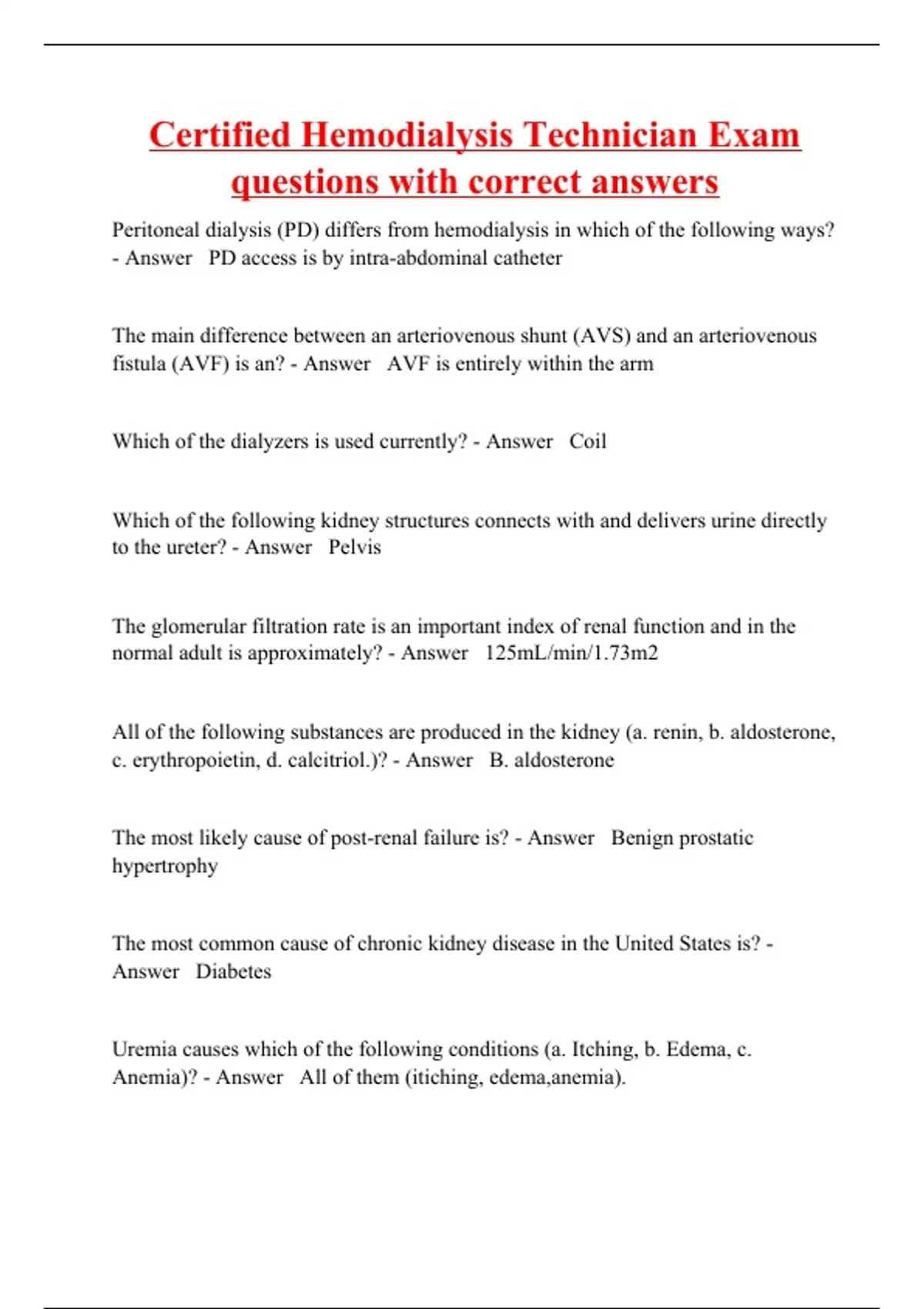 Certified Hemodialysis Technician Exam questions with correct answers