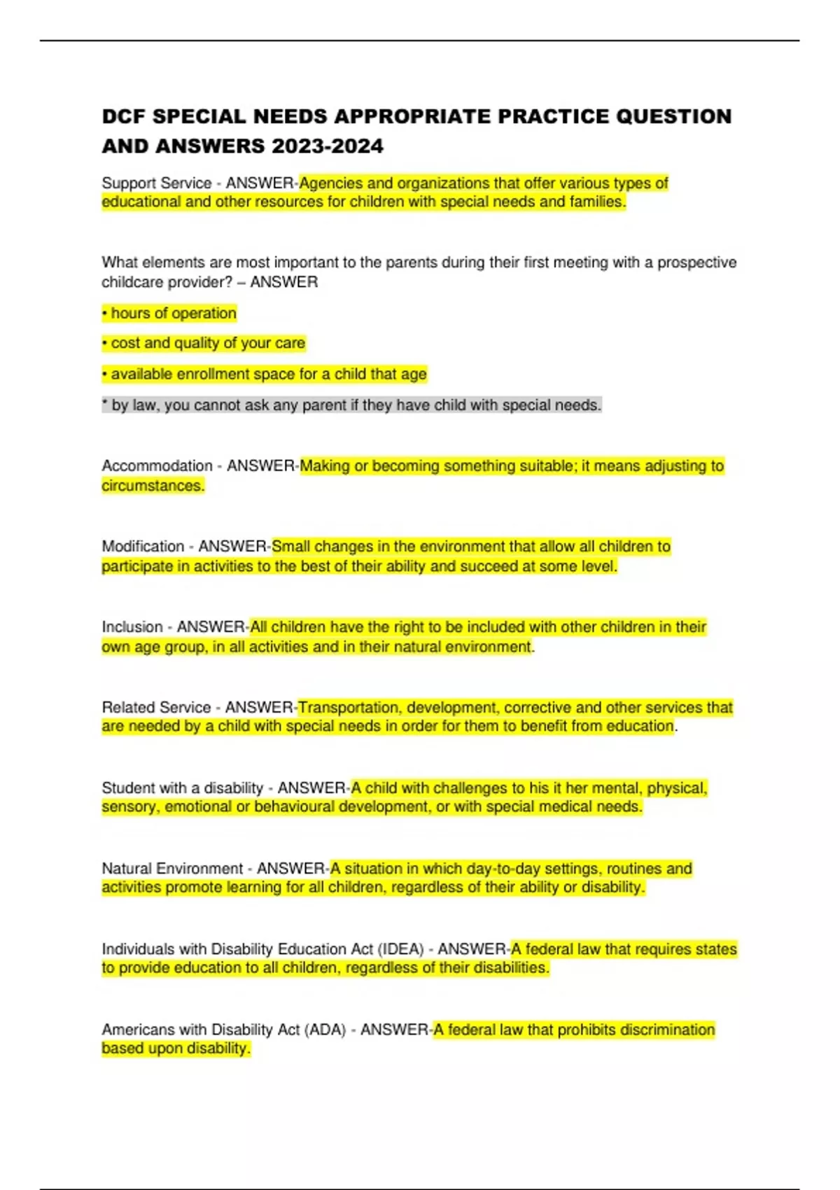 DCF SPECIAL NEEDS APPROPRIATE BUNDLE () QUESTIONS WITH CORRECT ANSWERS