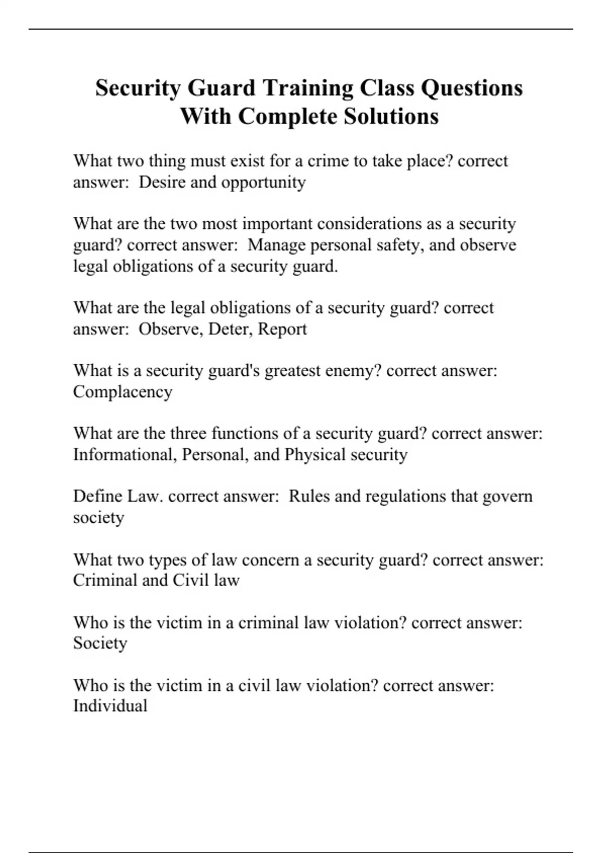 Security Guard Training Class Questions With Complete Solutions ...