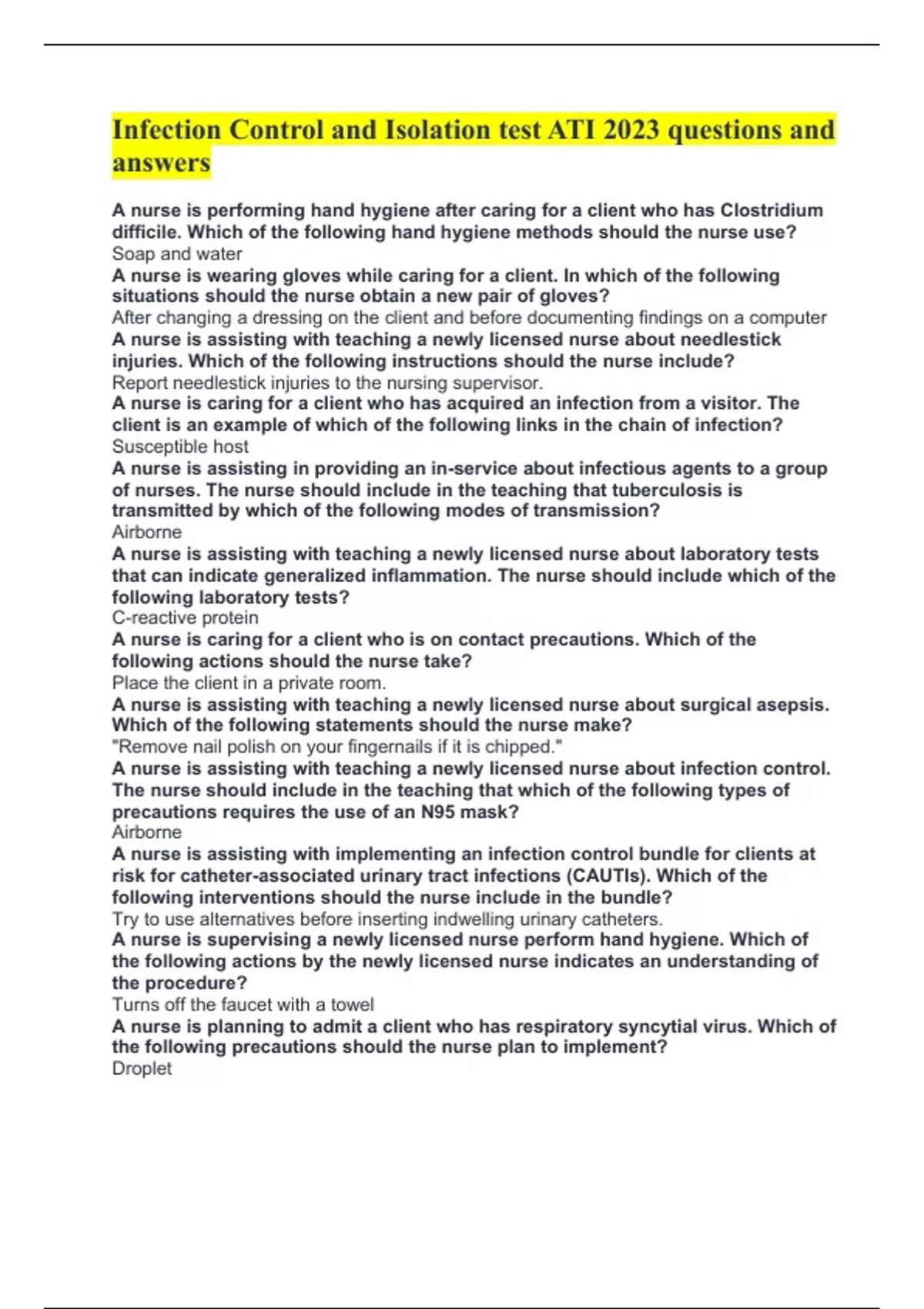 Infection Control and Isolation test ATI 2023 questions and answers