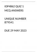 IOP4862 QUIZ 1 MCQ ANSWERS &comma; Managerial & Organisational Psychology &comma; UNIQUE NUMBER 879541