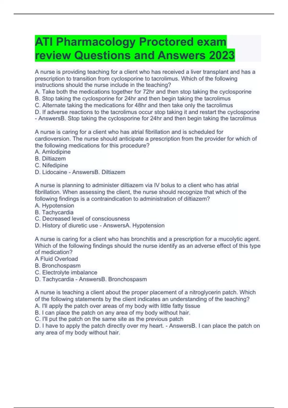 ATI Pharmacology Proctored exam review Questions and Answers 2023 - Ati ...