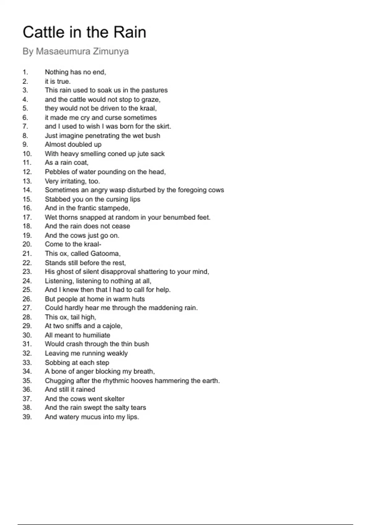 Poem Notes Cattle in the Rain by Masaeumura Zimunya English First