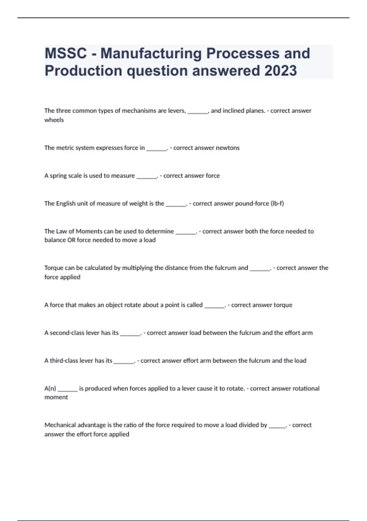 MSSC Manufacturing Processes and Production question answered 2023