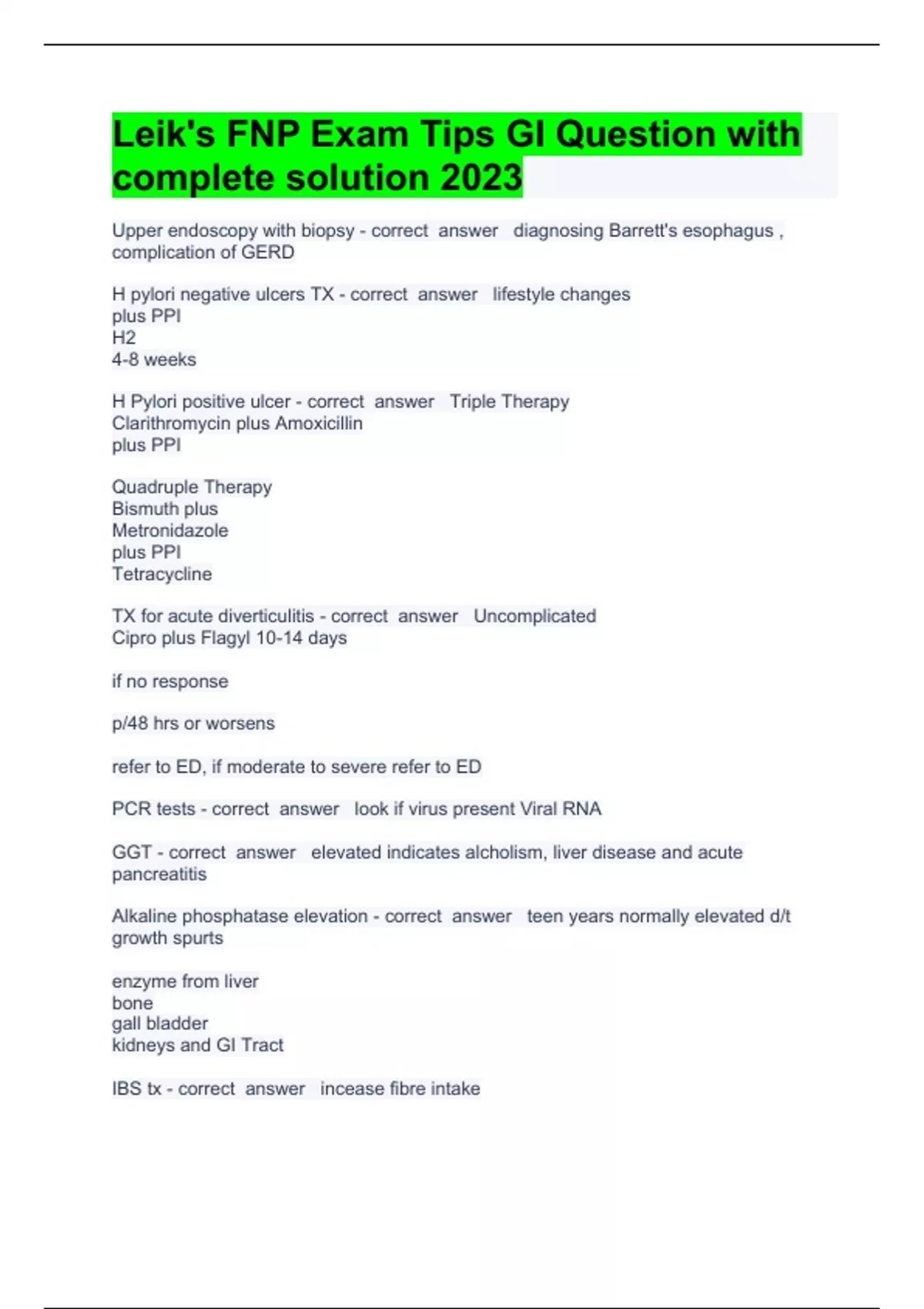 Leik's FNP Exam Tips GI Question with complete solution 2023 - Leik\'s ...