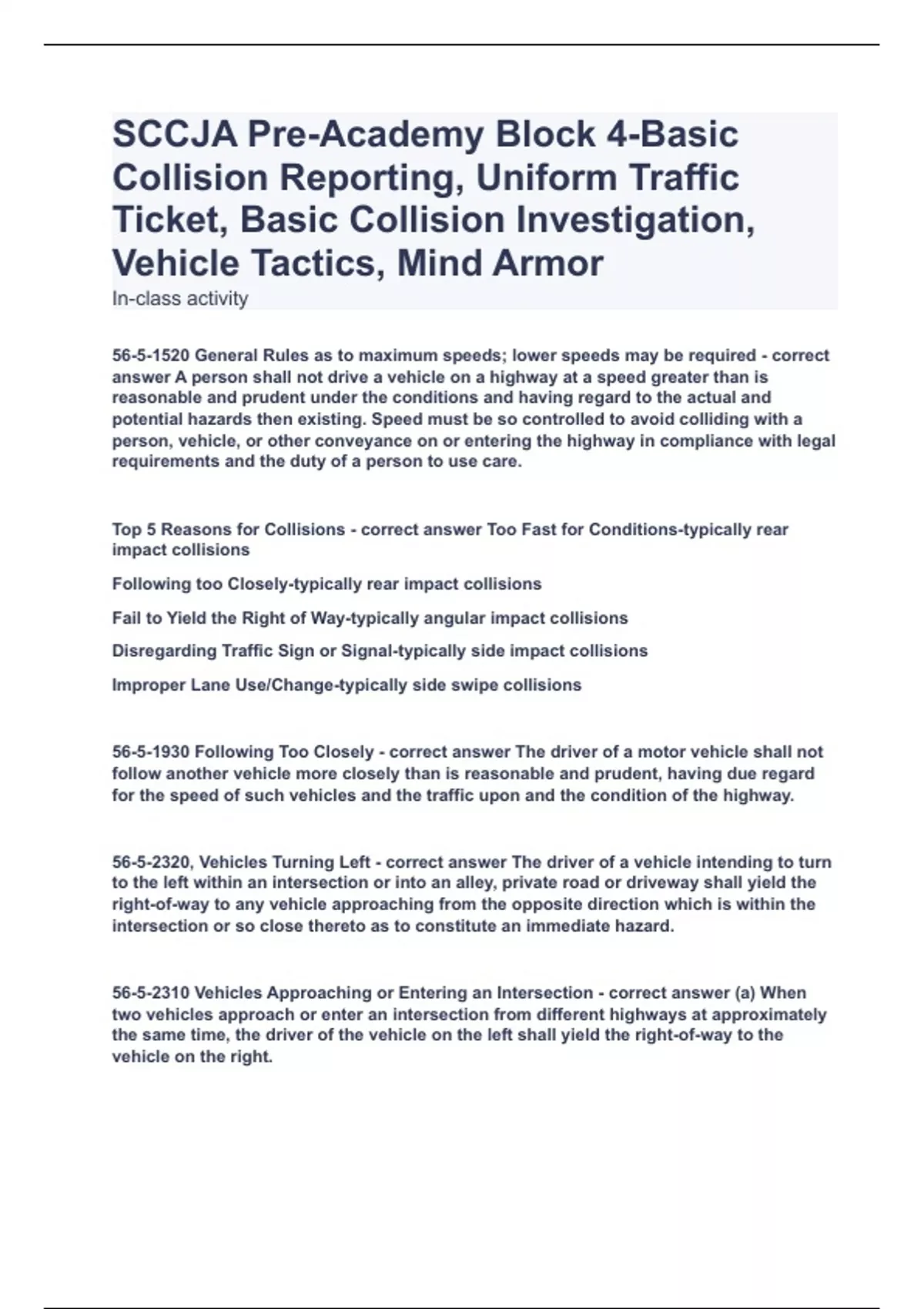 SCCJA PreAcademy Block 4Basic Collision Reporting, Uniform Traffic