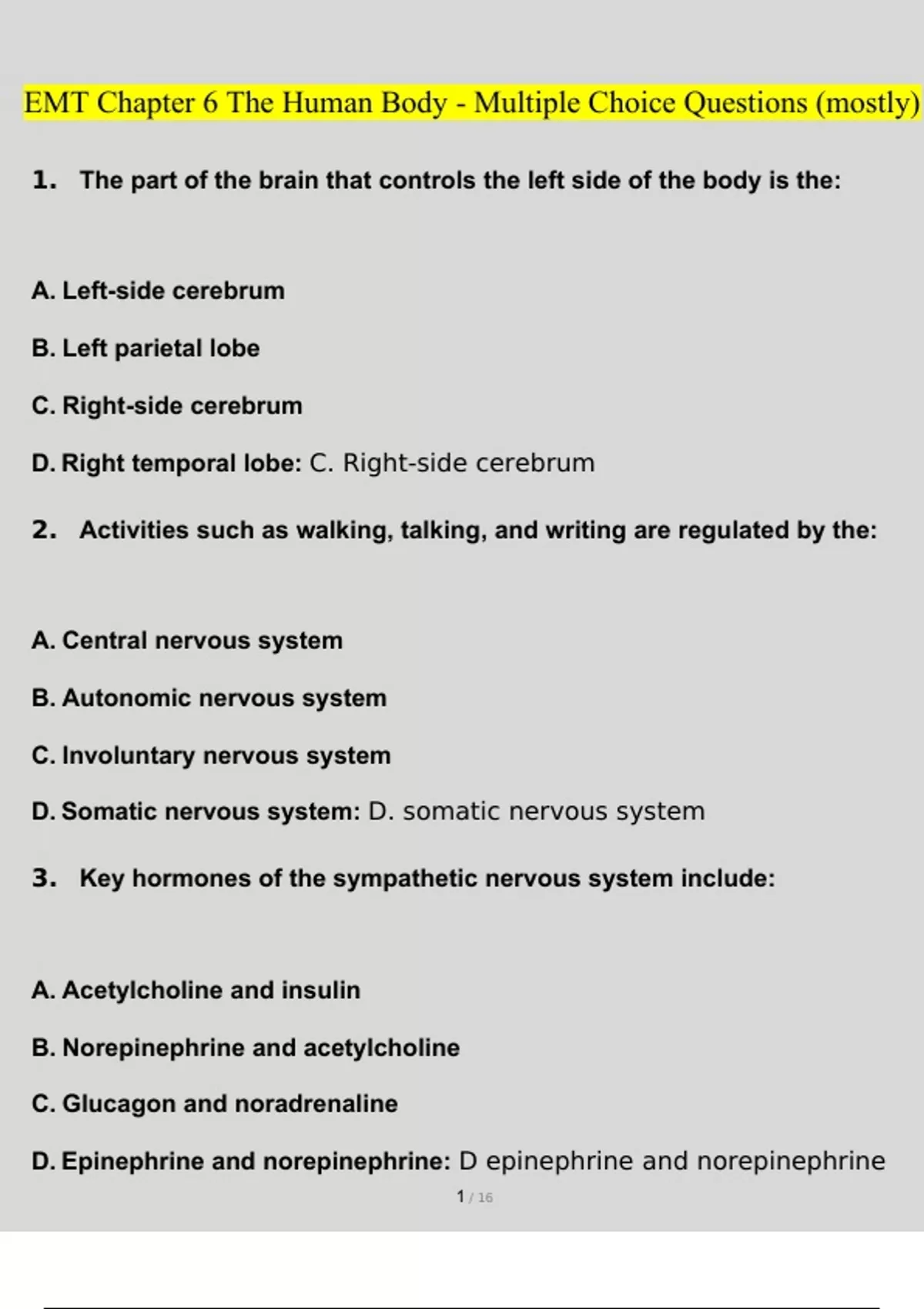 EMT Chapter 6 The Human Body Multiple Choice Exam Questions and Answers