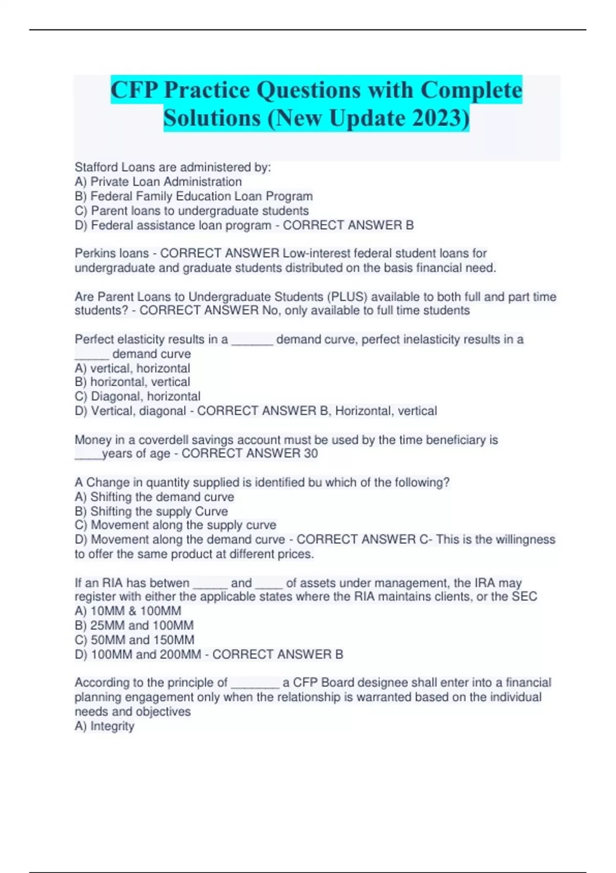 CFP Practice Questions with Complete Solutions (New Update 2023 ...