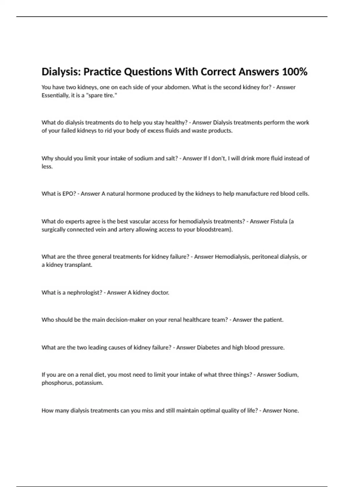 Dialysis Practice Questions With Correct Answers 100 Dialysis