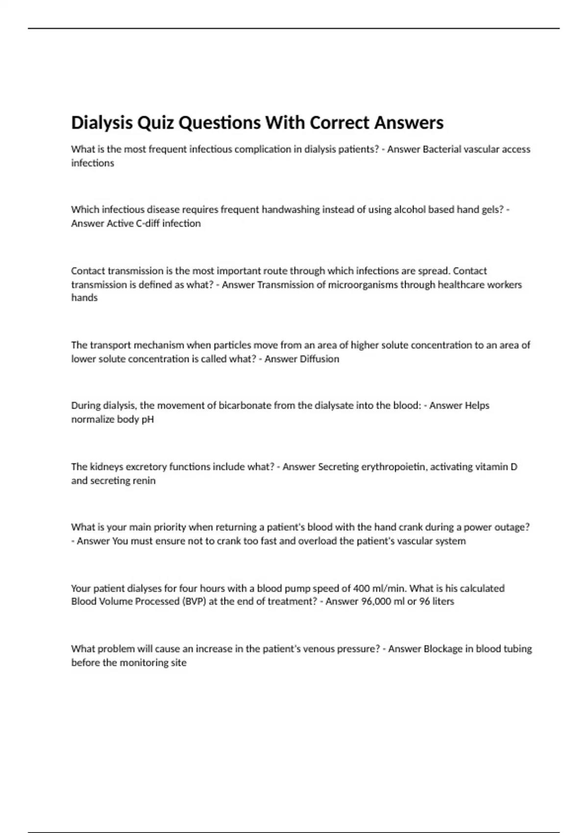 Dialysis Quiz Questions With Correct Answers Dialysis Stuvia US