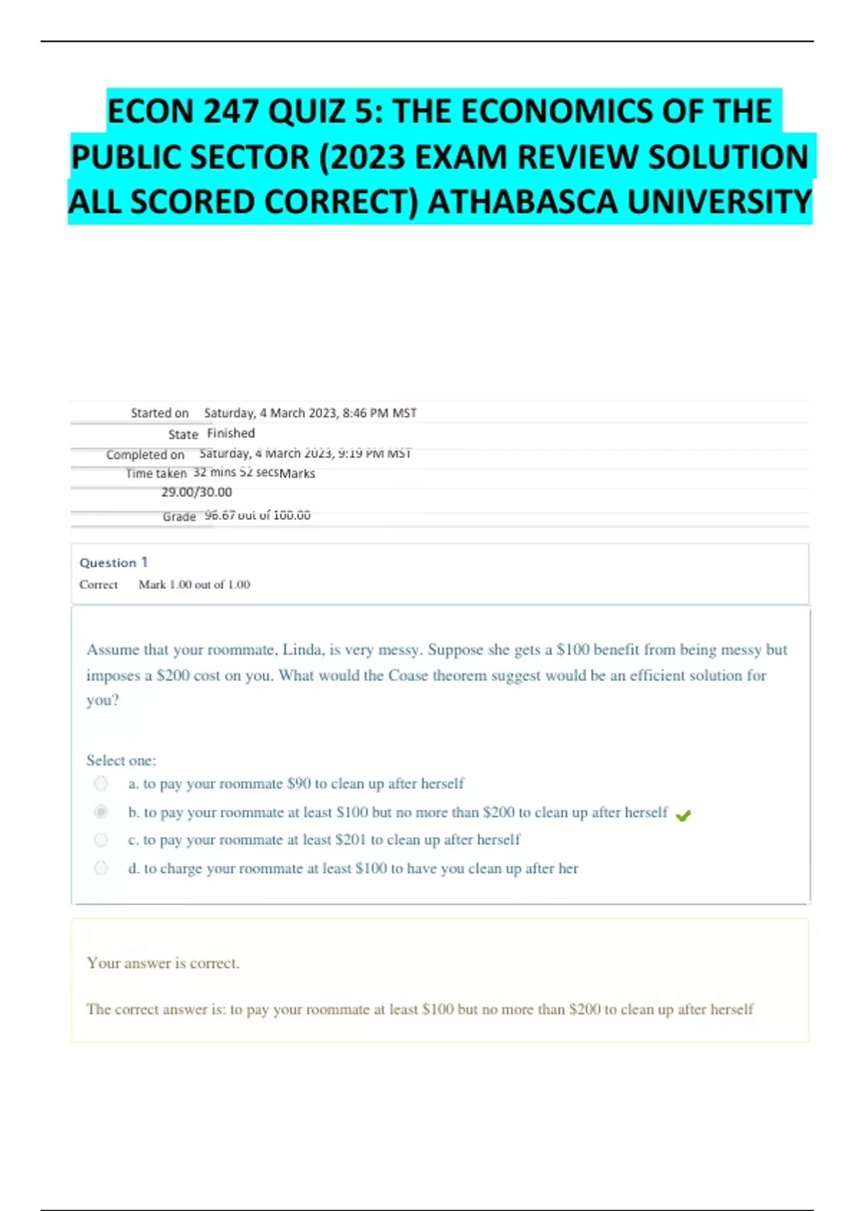 ECON 247 QUIZ 5: THE ECONOMICS OF THE PUBLIC SECTOR (2023 EXAM REVIEW ...