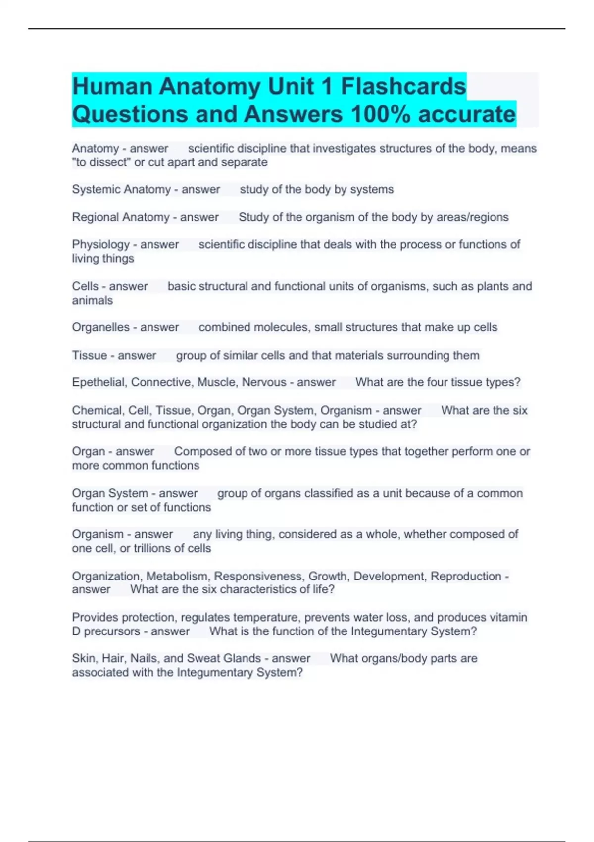 Human Anatomy Unit 1 Flashcards Questions and Answers 100 accurate