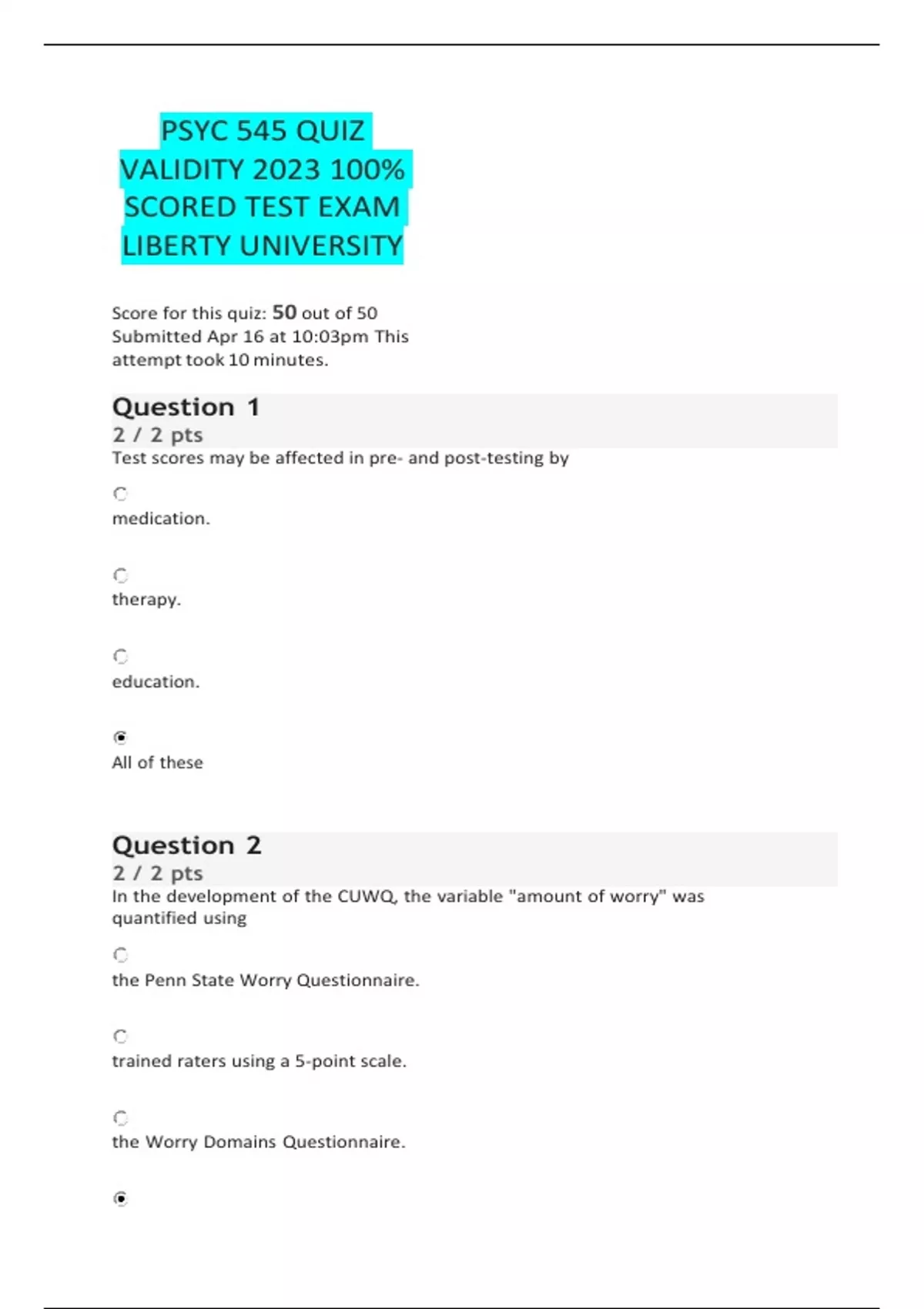 PSYC 545 QUIZ VALIDITY 2023 100 SCORED TEST EXAM LIBERTY UNIVERSITY PSYC 545 Stuvia US