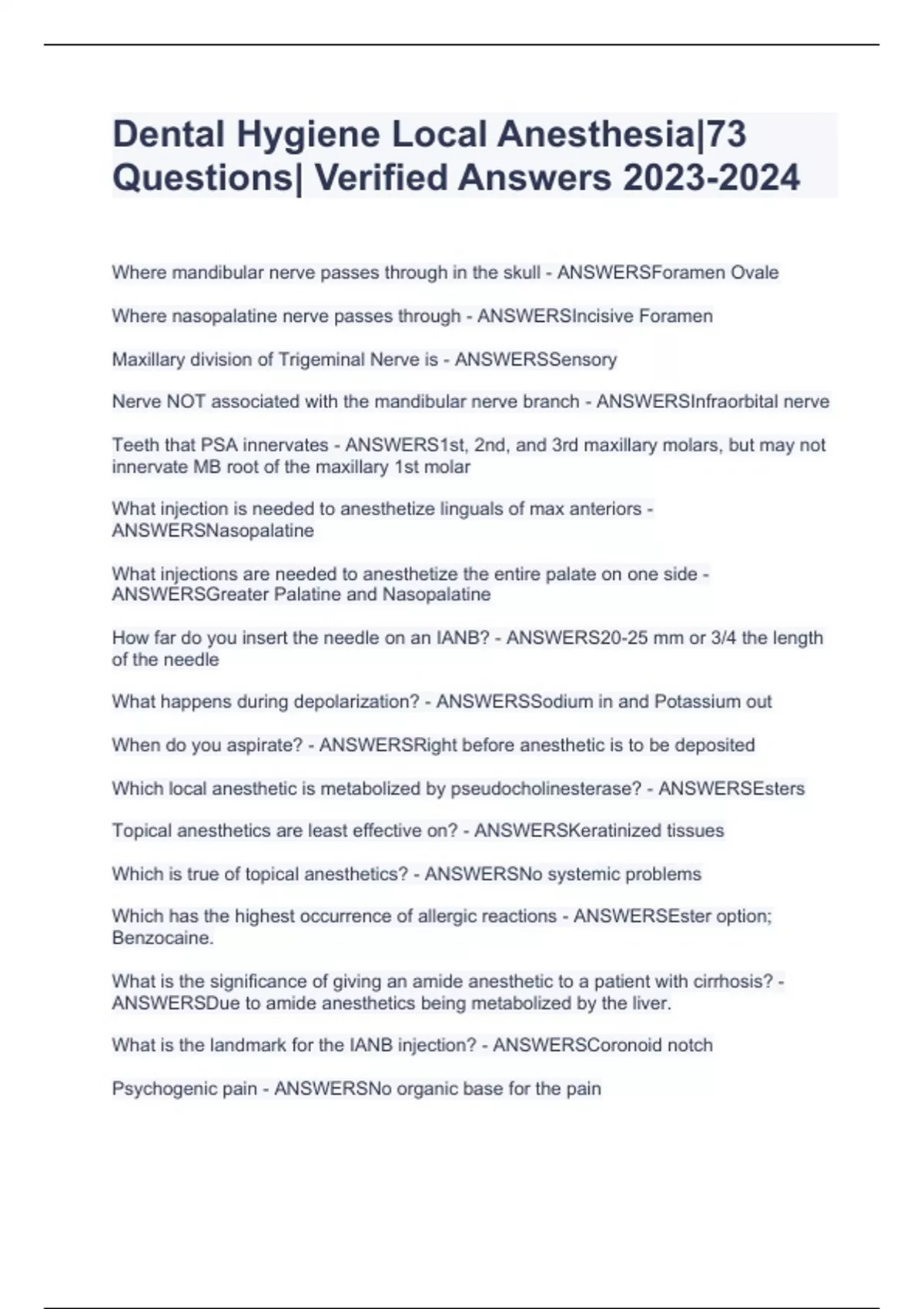 Dental Hygiene Local Anesthesia73 Questions Verified Answers Dental